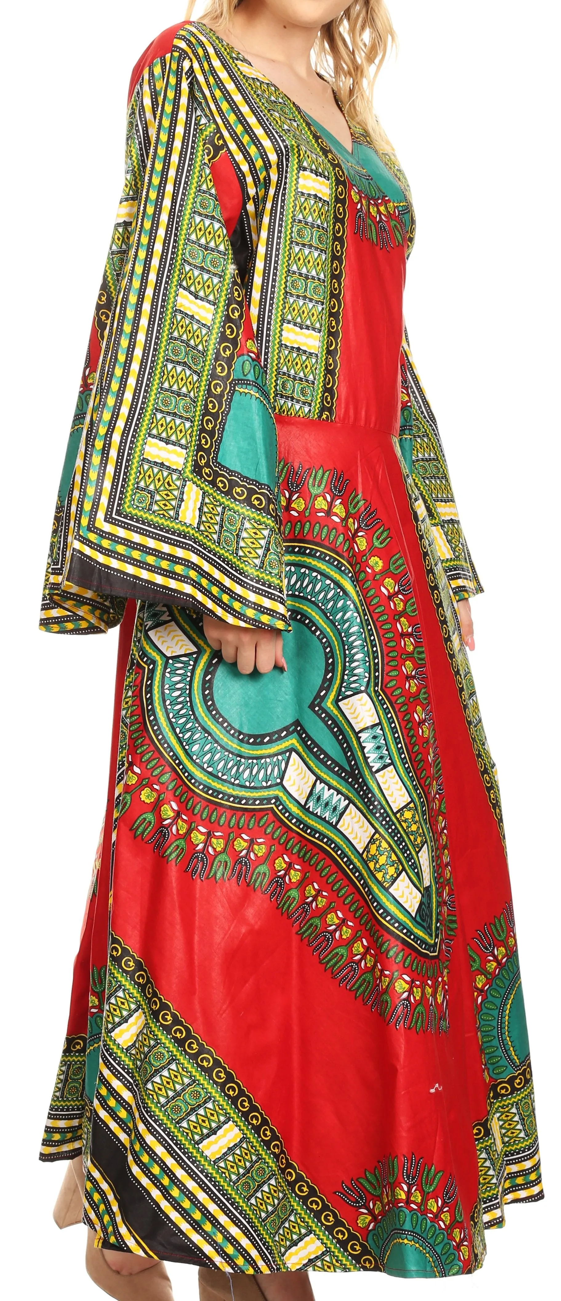 Sakkas Esteva Women's African Dashiki Print V neck Maxi Long Sleeve Wrap Dress