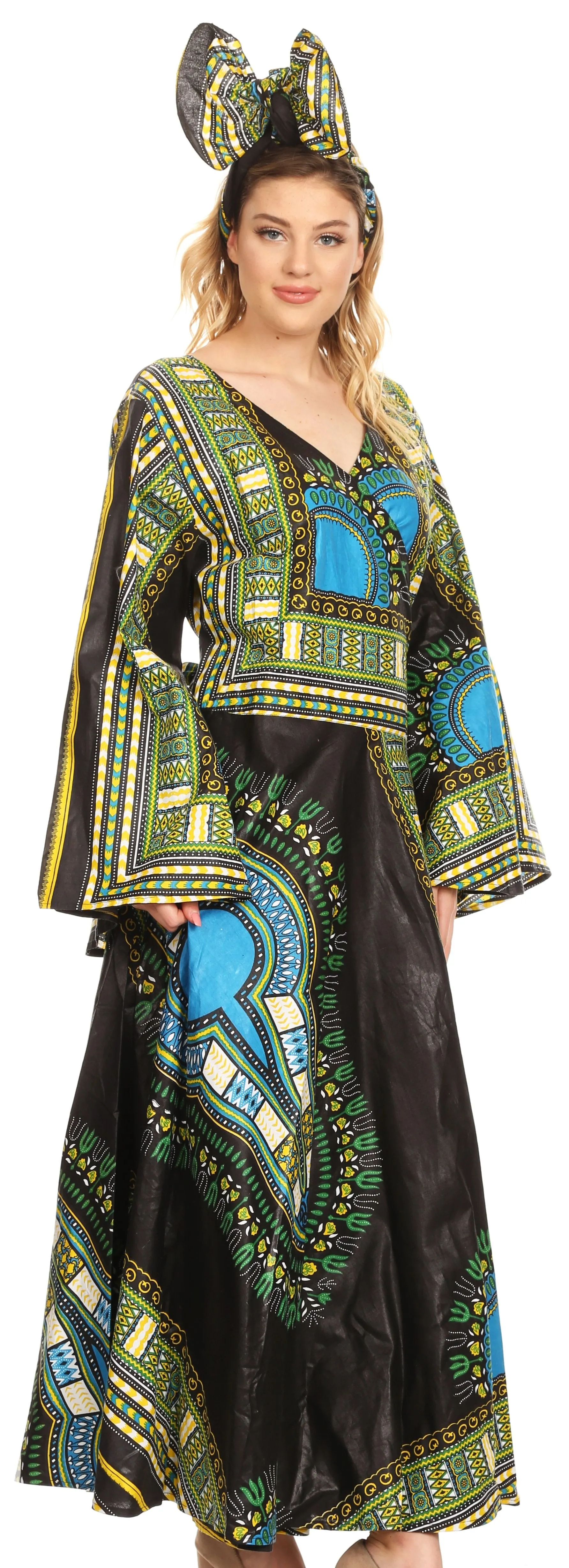 Sakkas Esteva Women's African Dashiki Print V neck Maxi Long Sleeve Wrap Dress