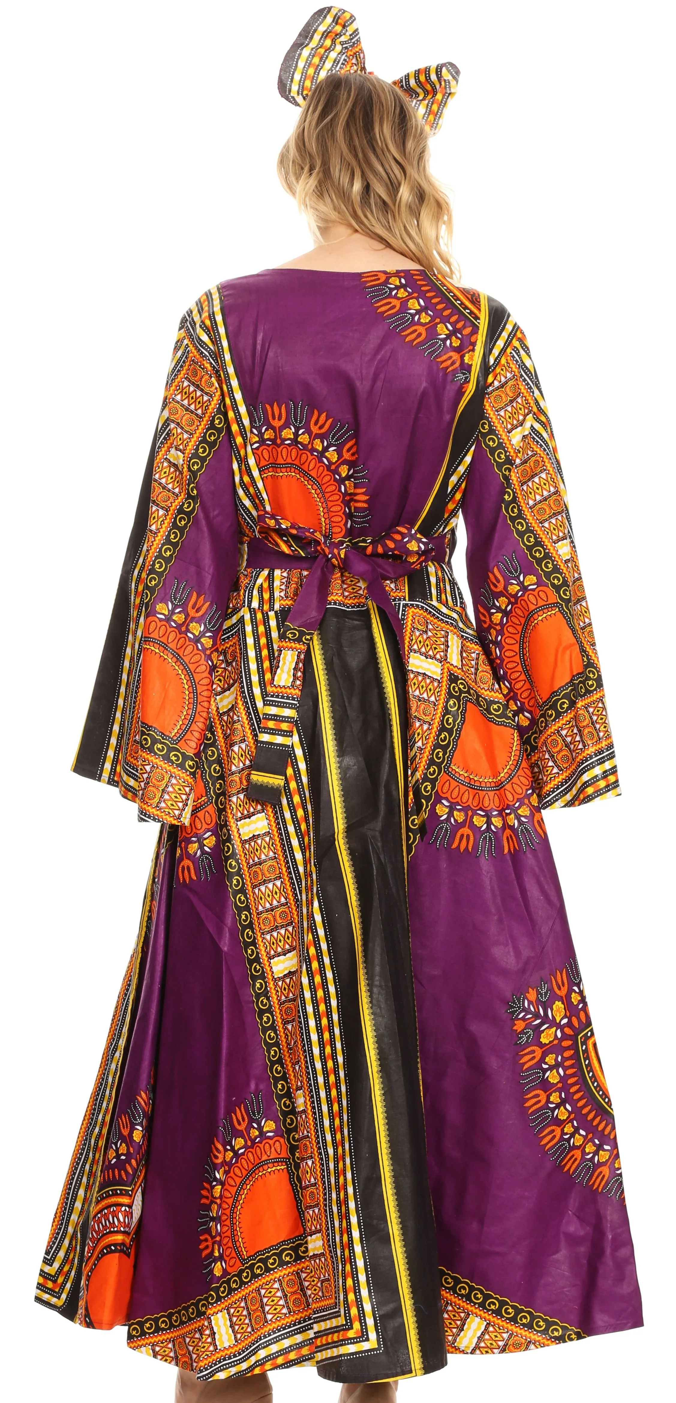 Sakkas Esteva Women's African Dashiki Print V neck Maxi Long Sleeve Wrap Dress