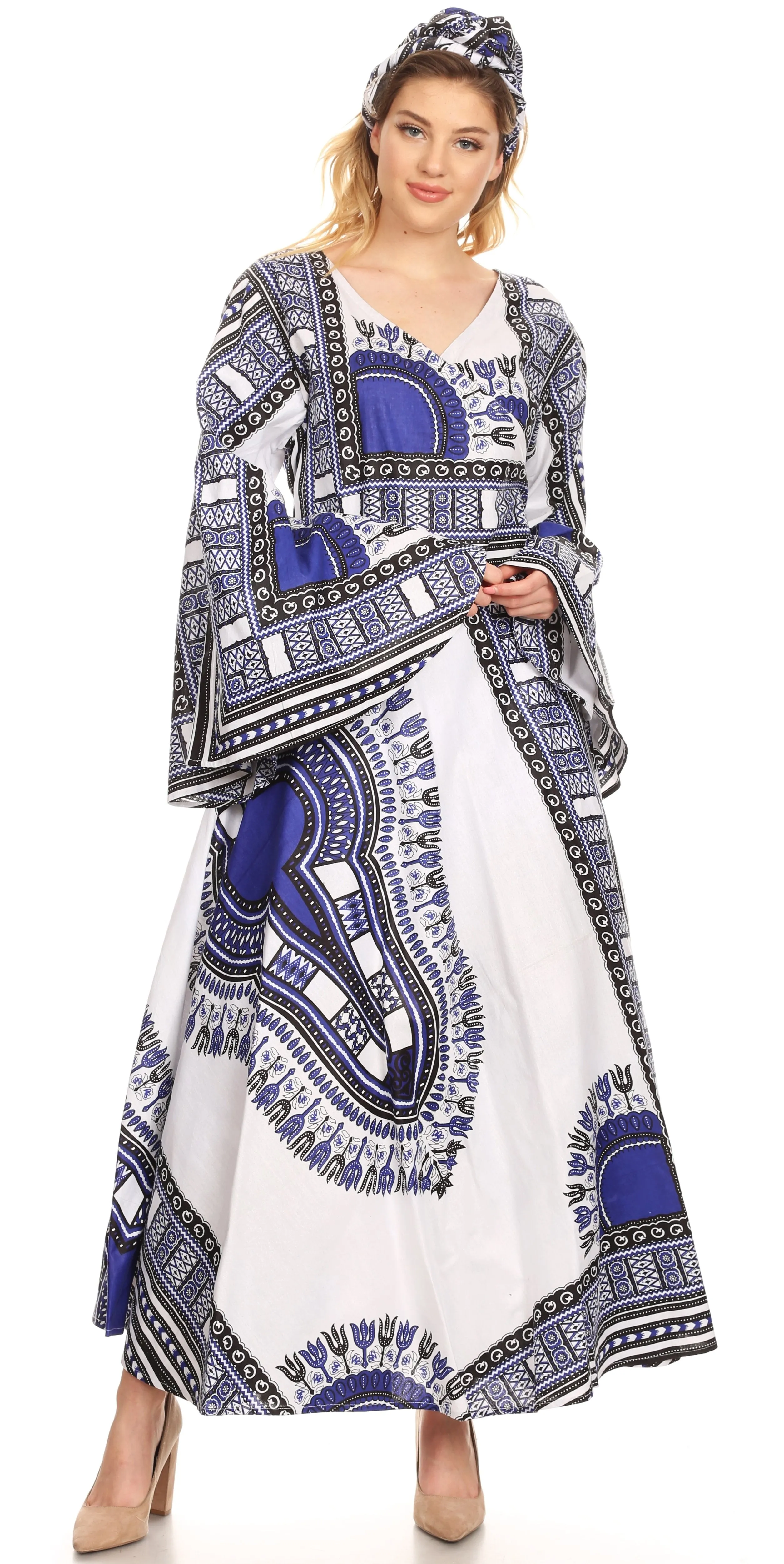 Sakkas Esteva Women's African Dashiki Print V neck Maxi Long Sleeve Wrap Dress