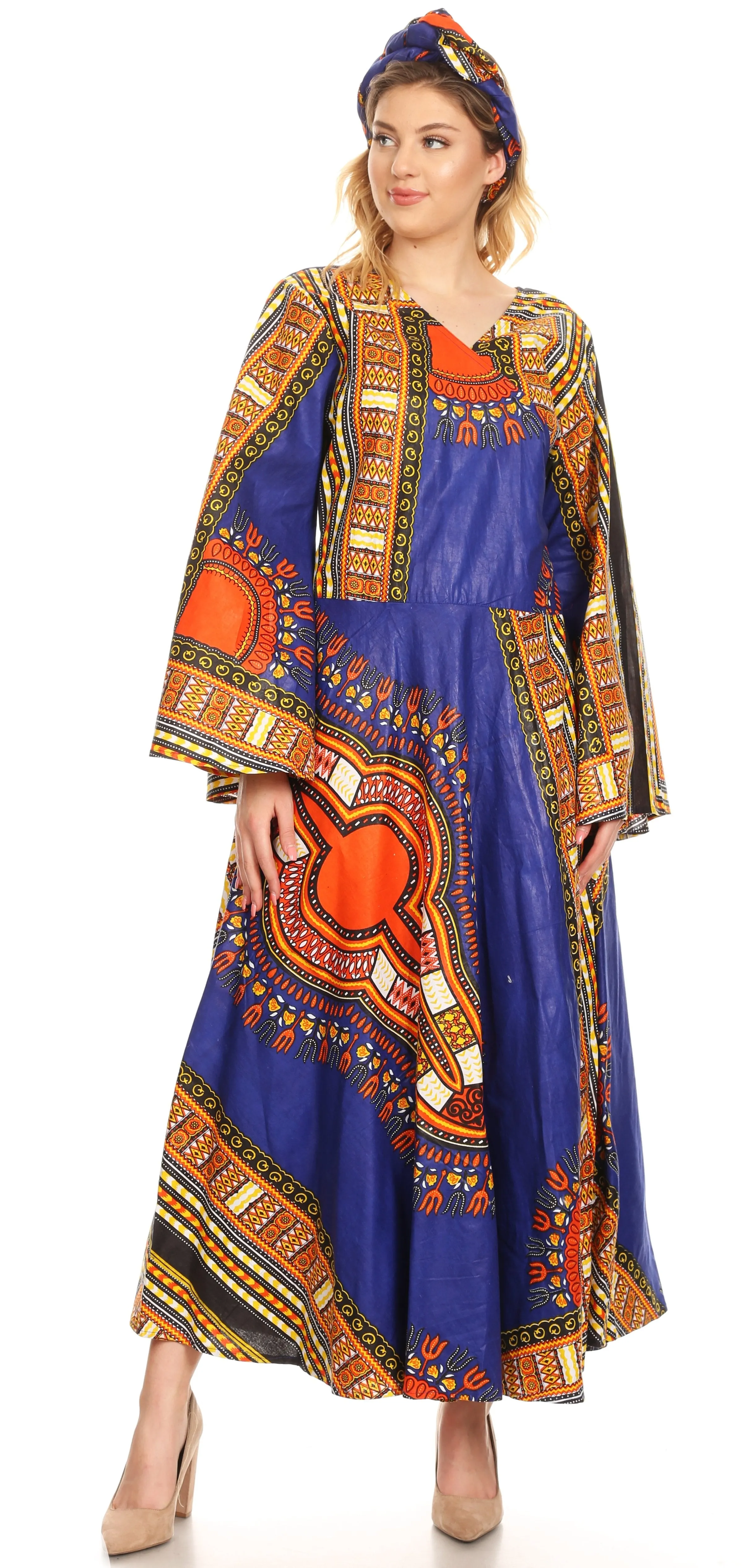 Sakkas Esteva Women's African Dashiki Print V neck Maxi Long Sleeve Wrap Dress