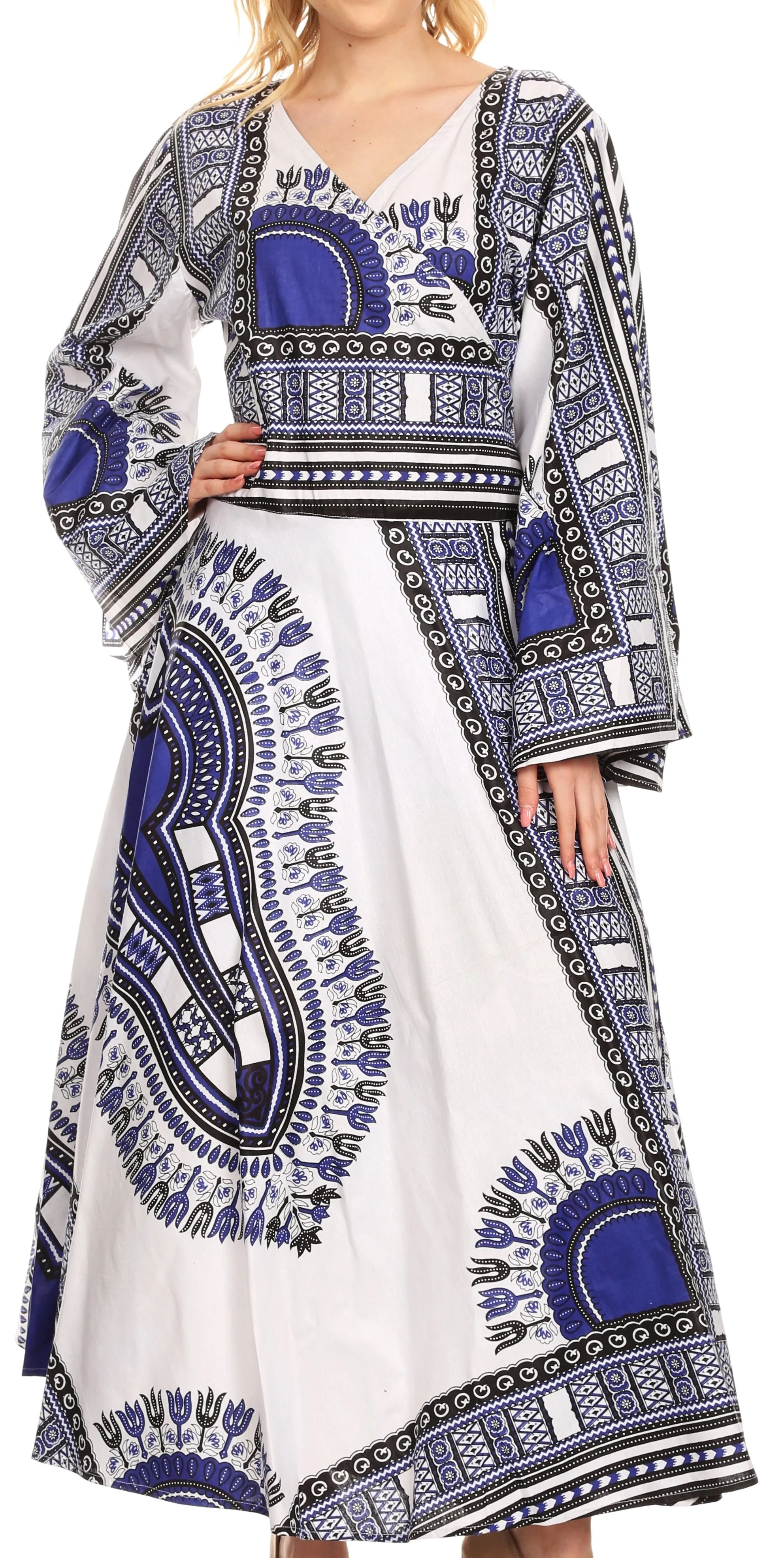 Sakkas Esteva Women's African Dashiki Print V neck Maxi Long Sleeve Wrap Dress