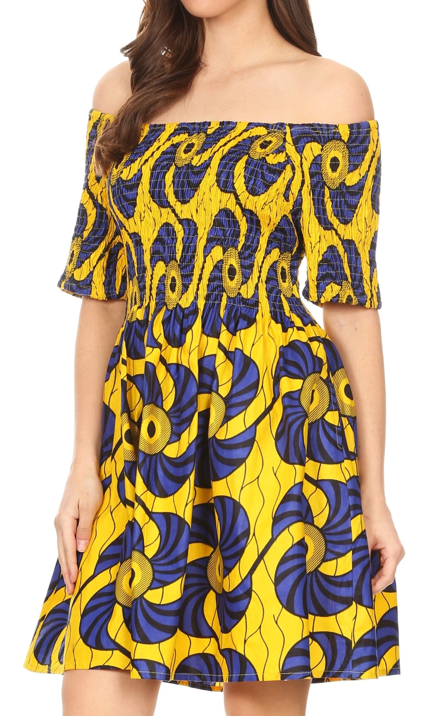 Sakkas Ife Wax African Ankara Colorful Cocktail Short Dress Off-shoulder w/pockets