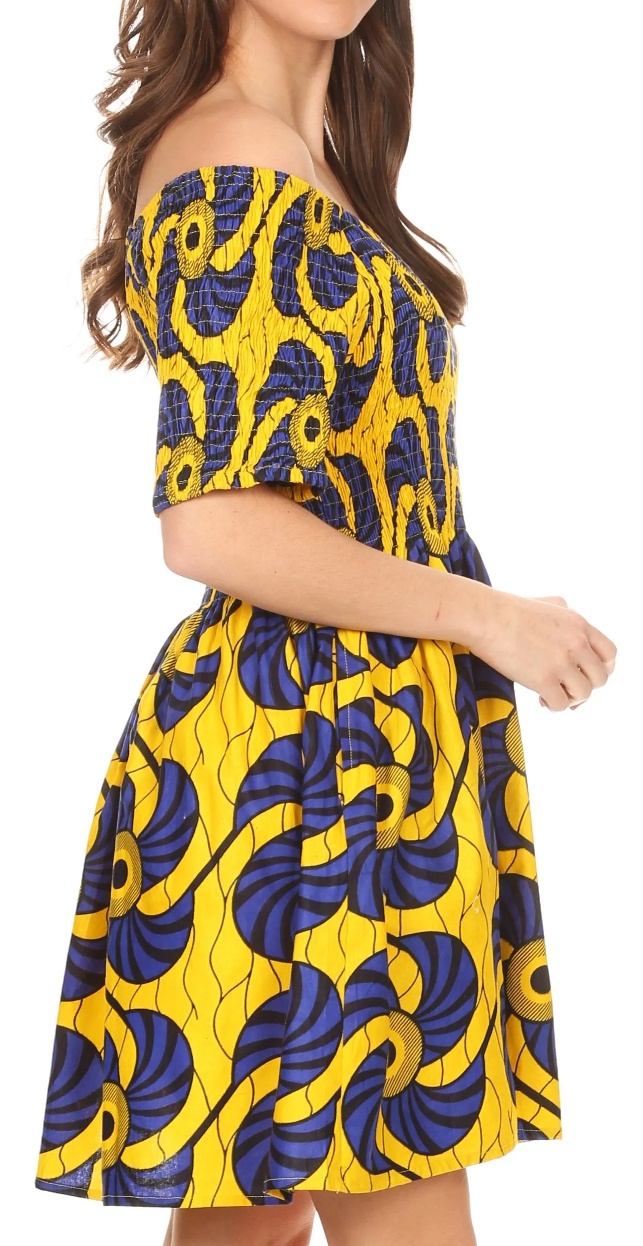 Sakkas Ife Wax African Ankara Colorful Cocktail Short Dress Off-shoulder w/pockets