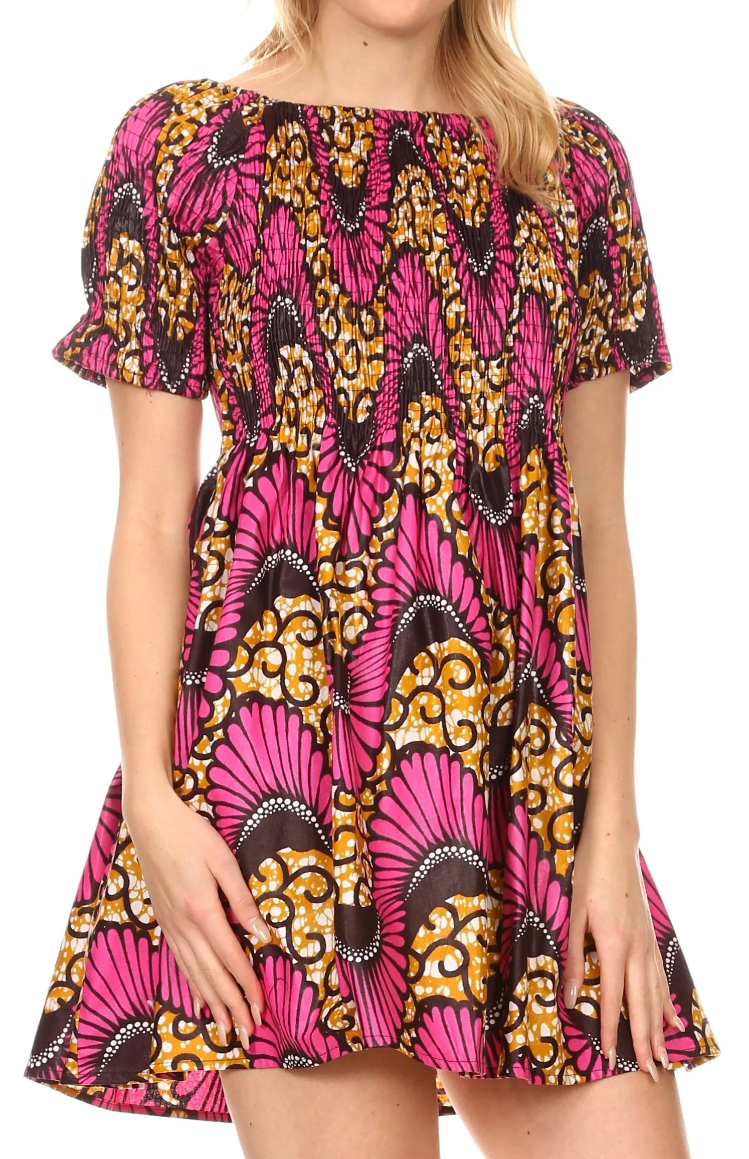 Sakkas Ife Wax African Ankara Colorful Cocktail Short Dress Off-shoulder w/pockets