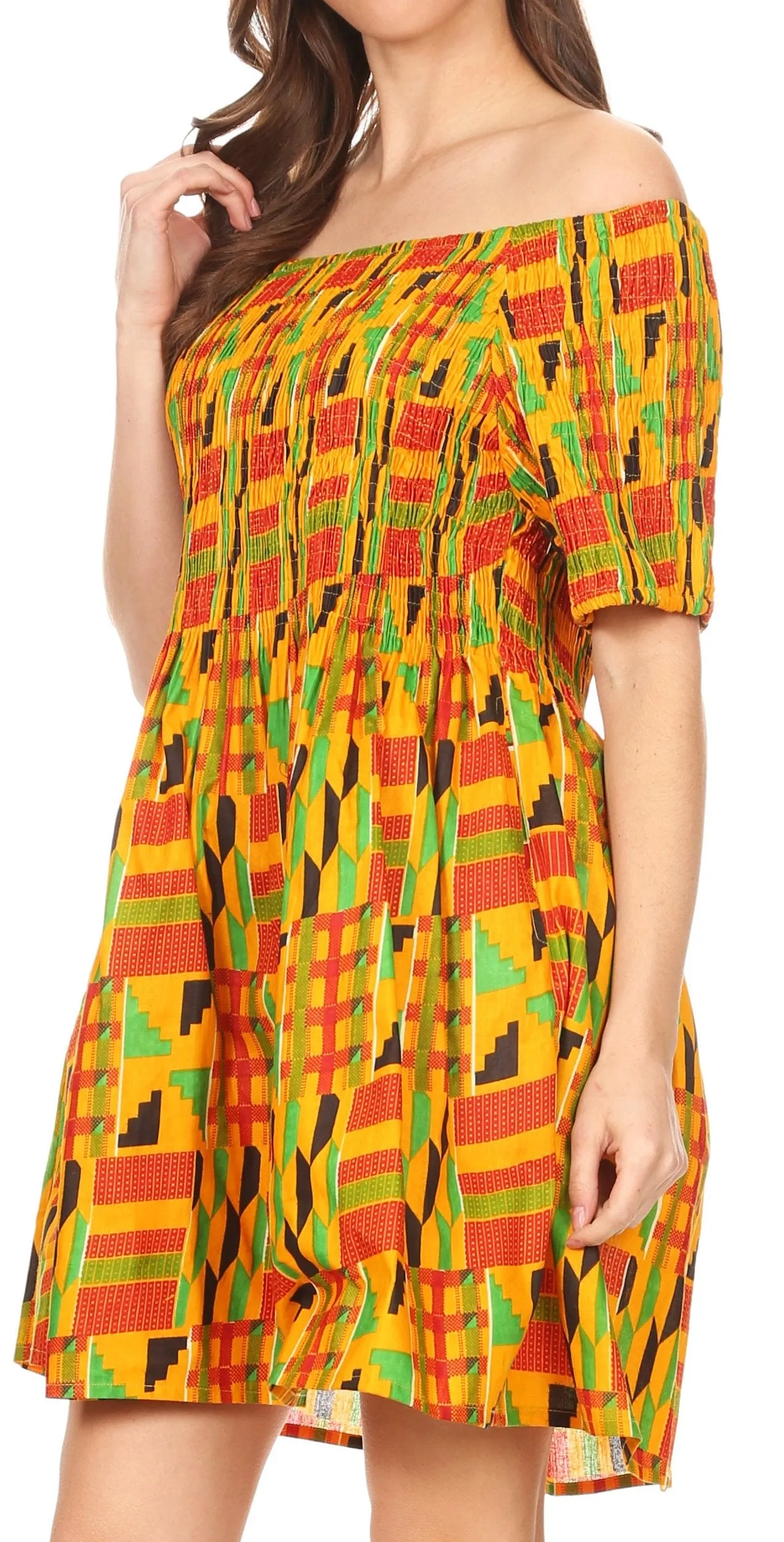 Sakkas Ife Wax African Ankara Colorful Cocktail Short Dress Off-shoulder w/pockets