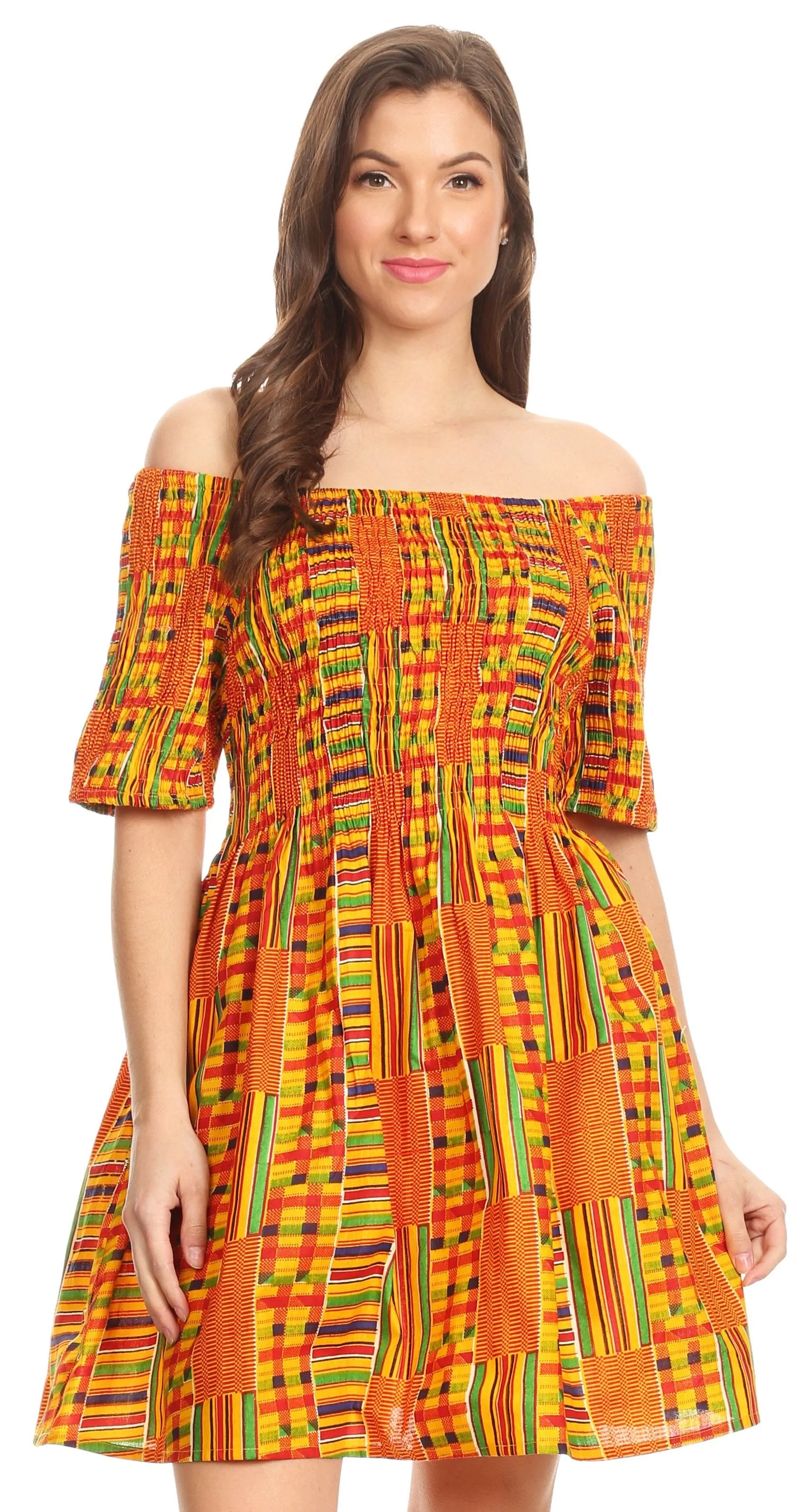 Sakkas Ife Wax African Ankara Colorful Cocktail Short Dress Off-shoulder w/pockets