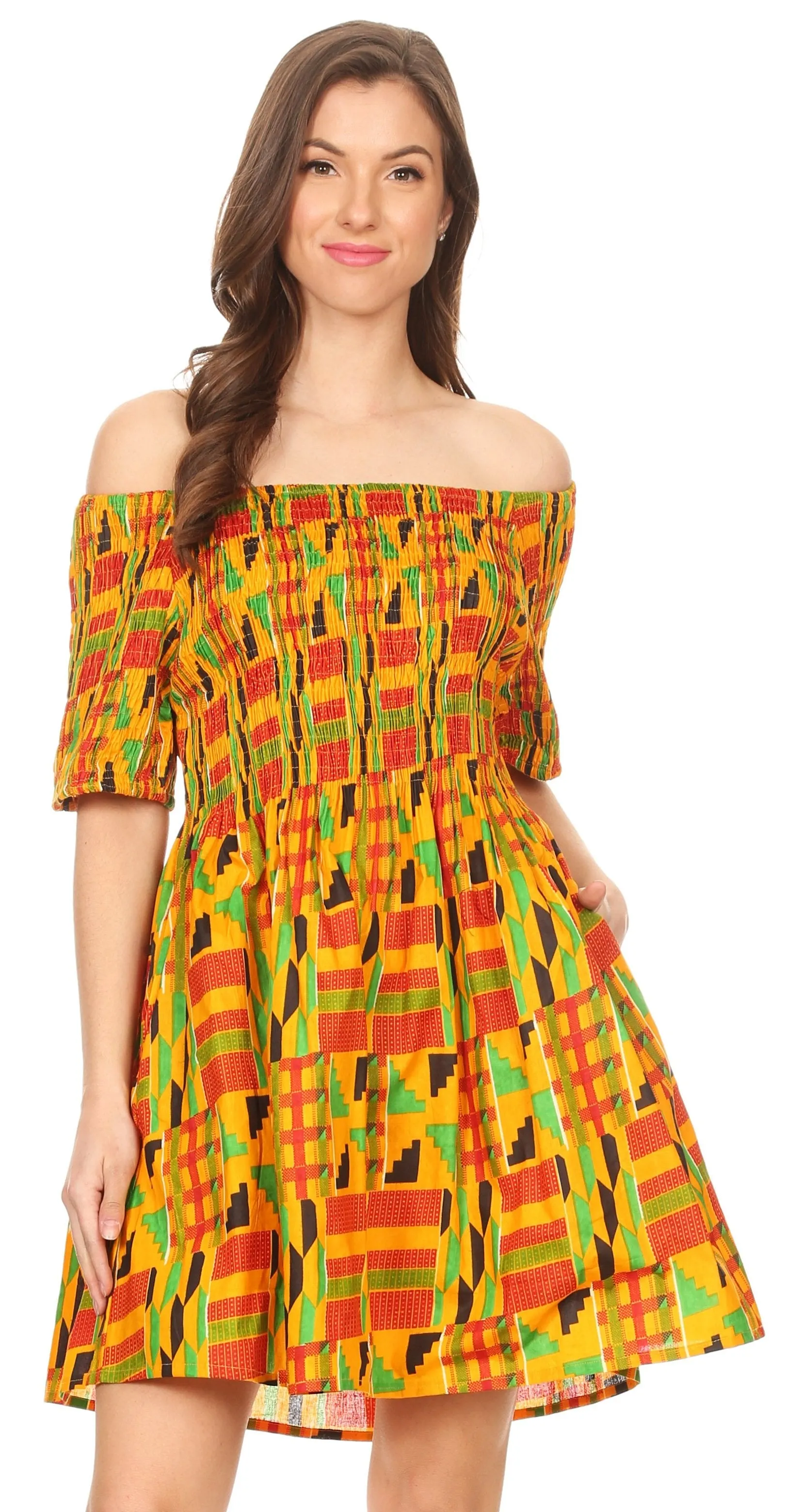 Sakkas Ife Wax African Ankara Colorful Cocktail Short Dress Off-shoulder w/pockets