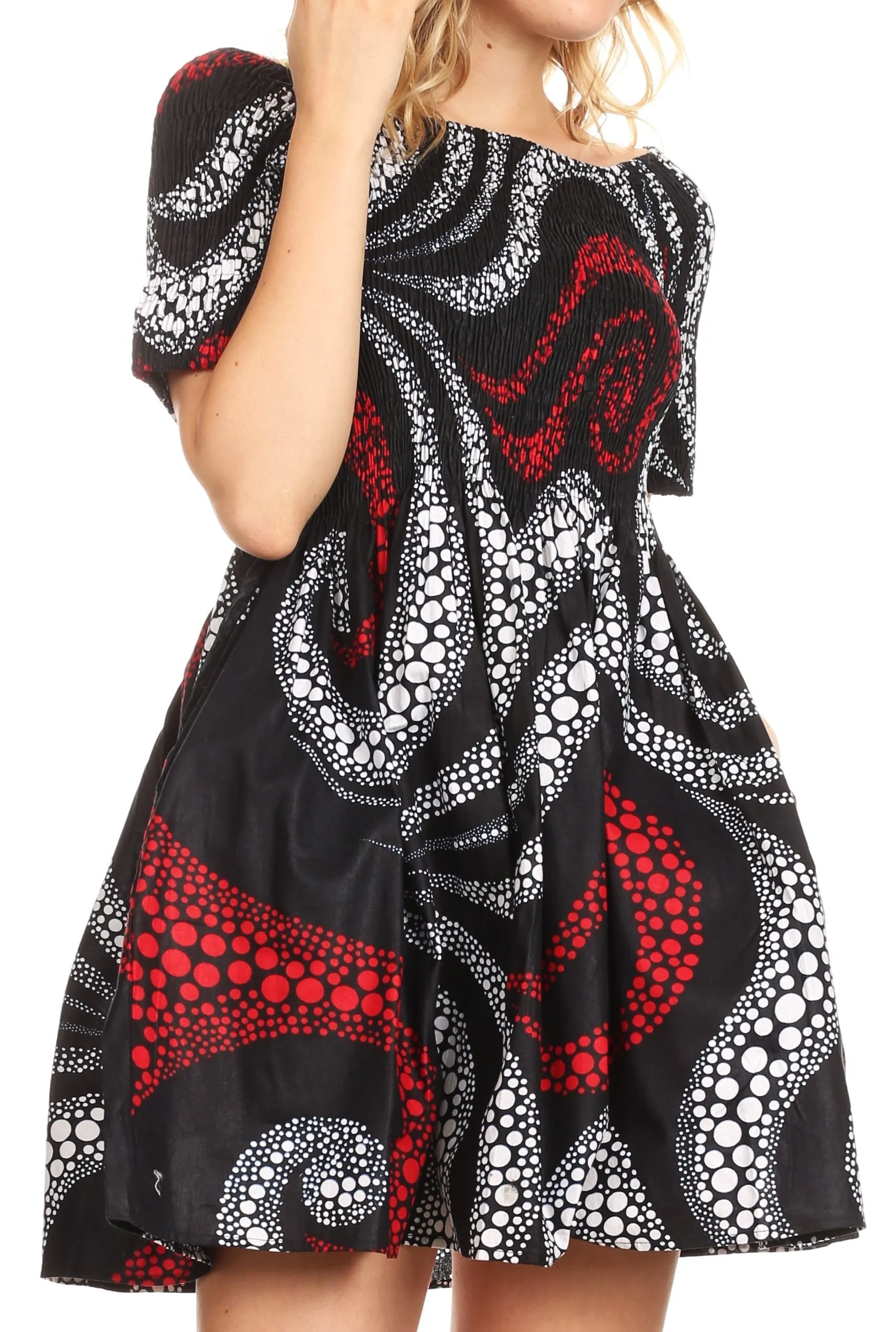 Sakkas Ife Wax African Ankara Colorful Cocktail Short Dress Off-shoulder w/pockets