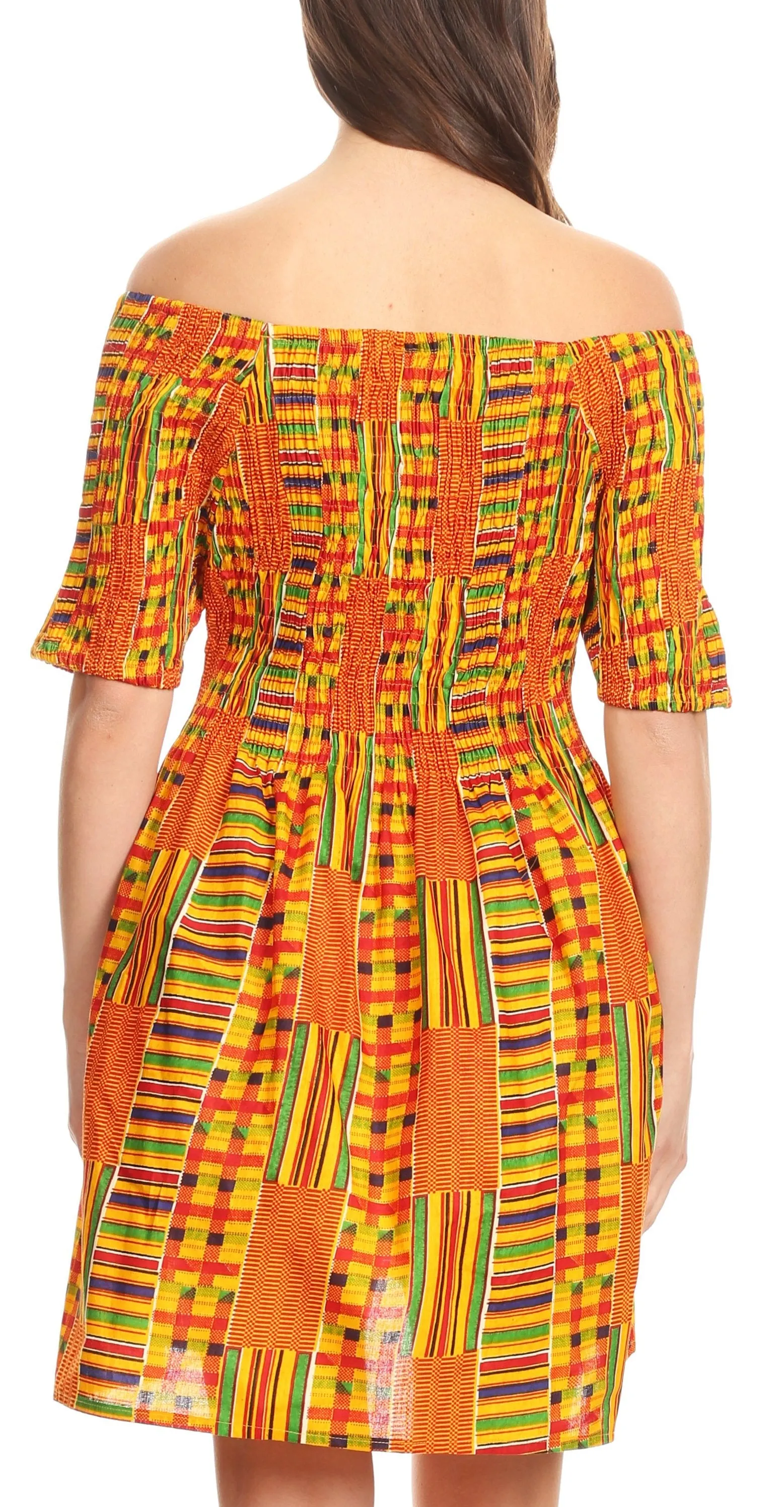 Sakkas Ife Wax African Ankara Colorful Cocktail Short Dress Off-shoulder w/pockets