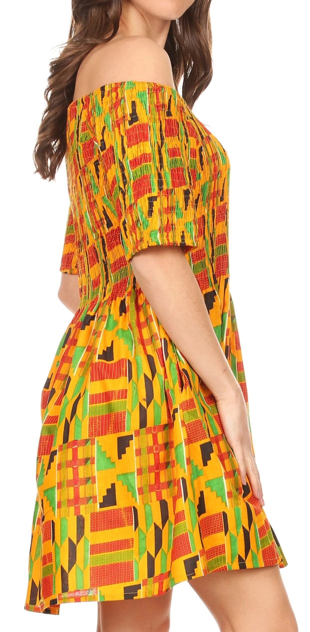 Sakkas Ife Wax African Ankara Colorful Cocktail Short Dress Off-shoulder w/pockets