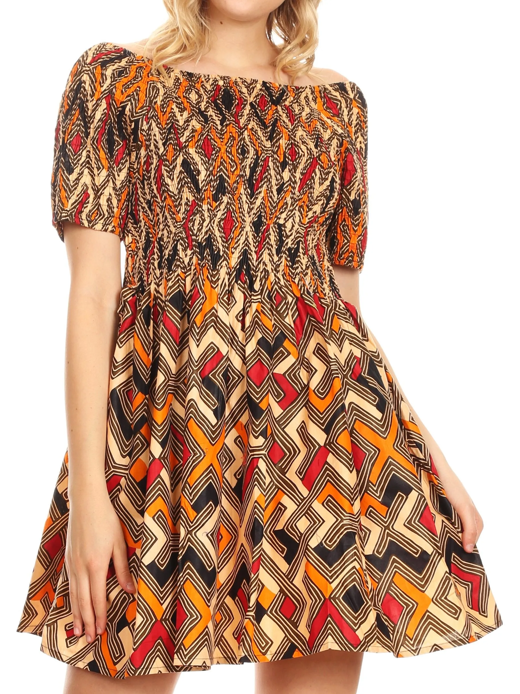 Sakkas Ife Wax African Ankara Colorful Cocktail Short Dress Off-shoulder w/pockets