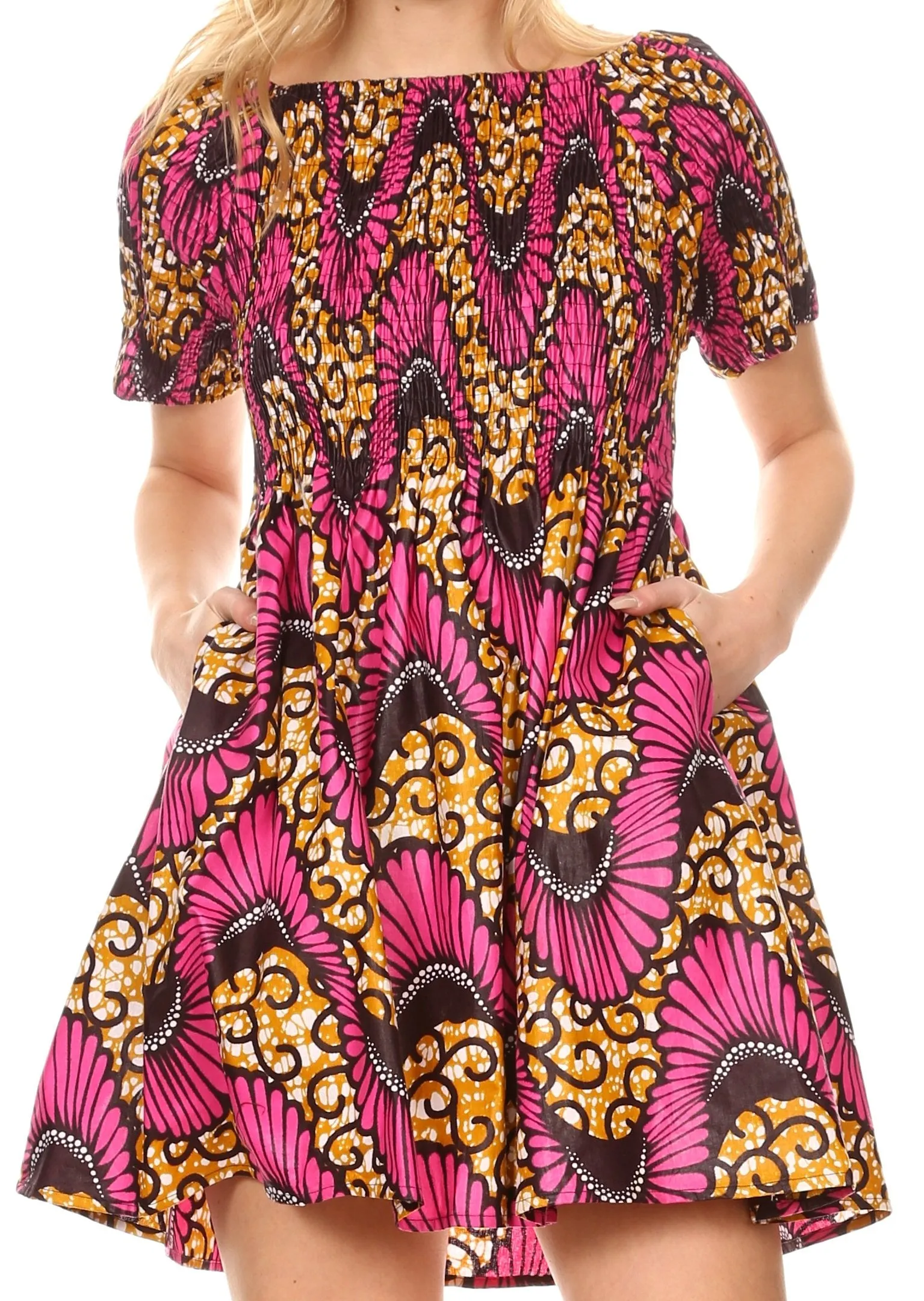 Sakkas Ife Wax African Ankara Colorful Cocktail Short Dress Off-shoulder w/pockets