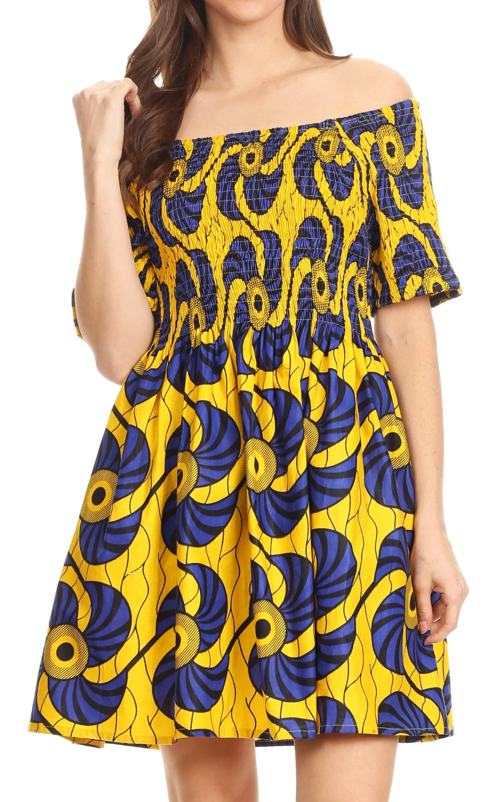 Sakkas Ife Wax African Ankara Colorful Cocktail Short Dress Off-shoulder w/pockets