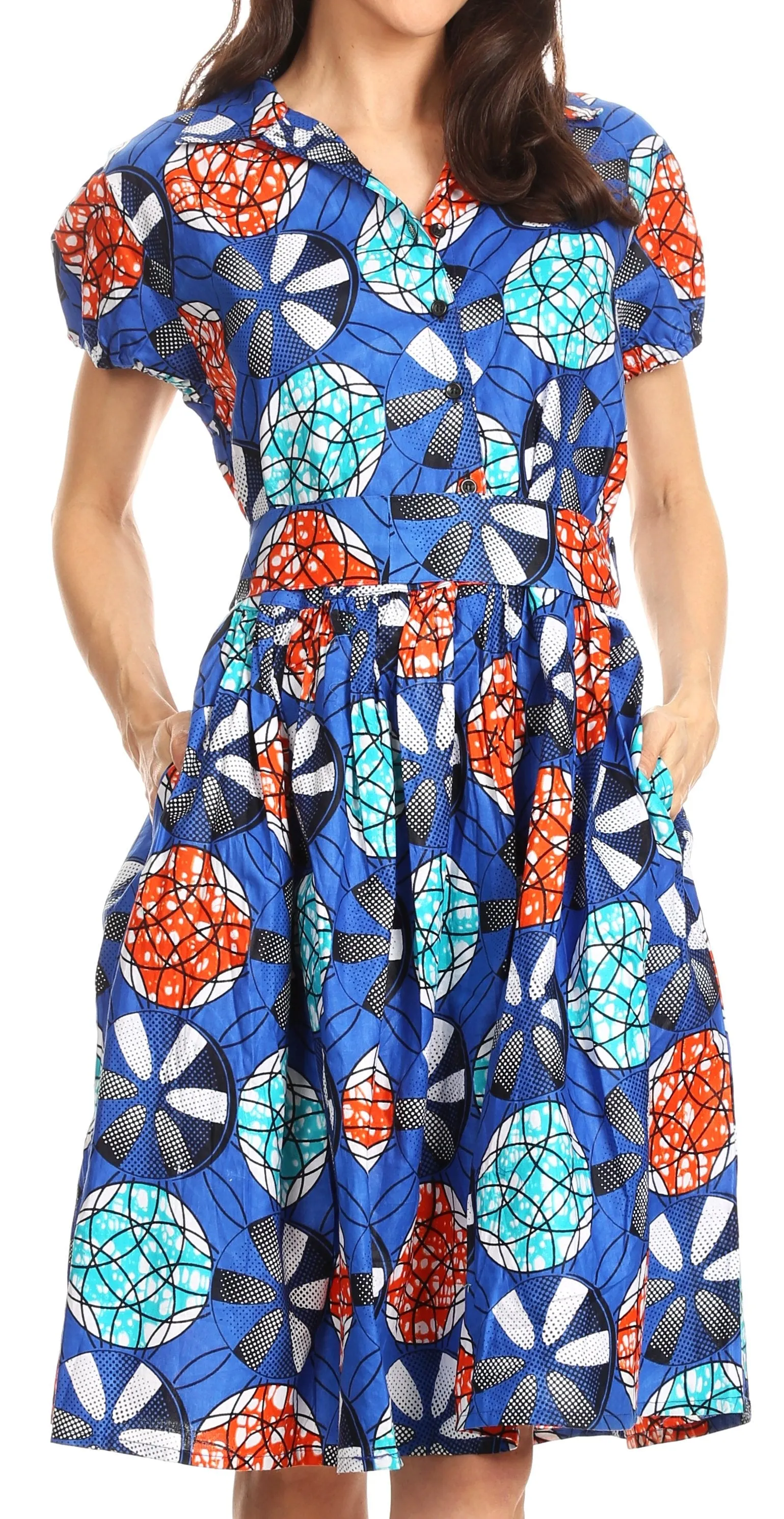 Sakkas Ife Wax African Ankara Colorful Cocktail Short Dress Off-shoulder w/pockets