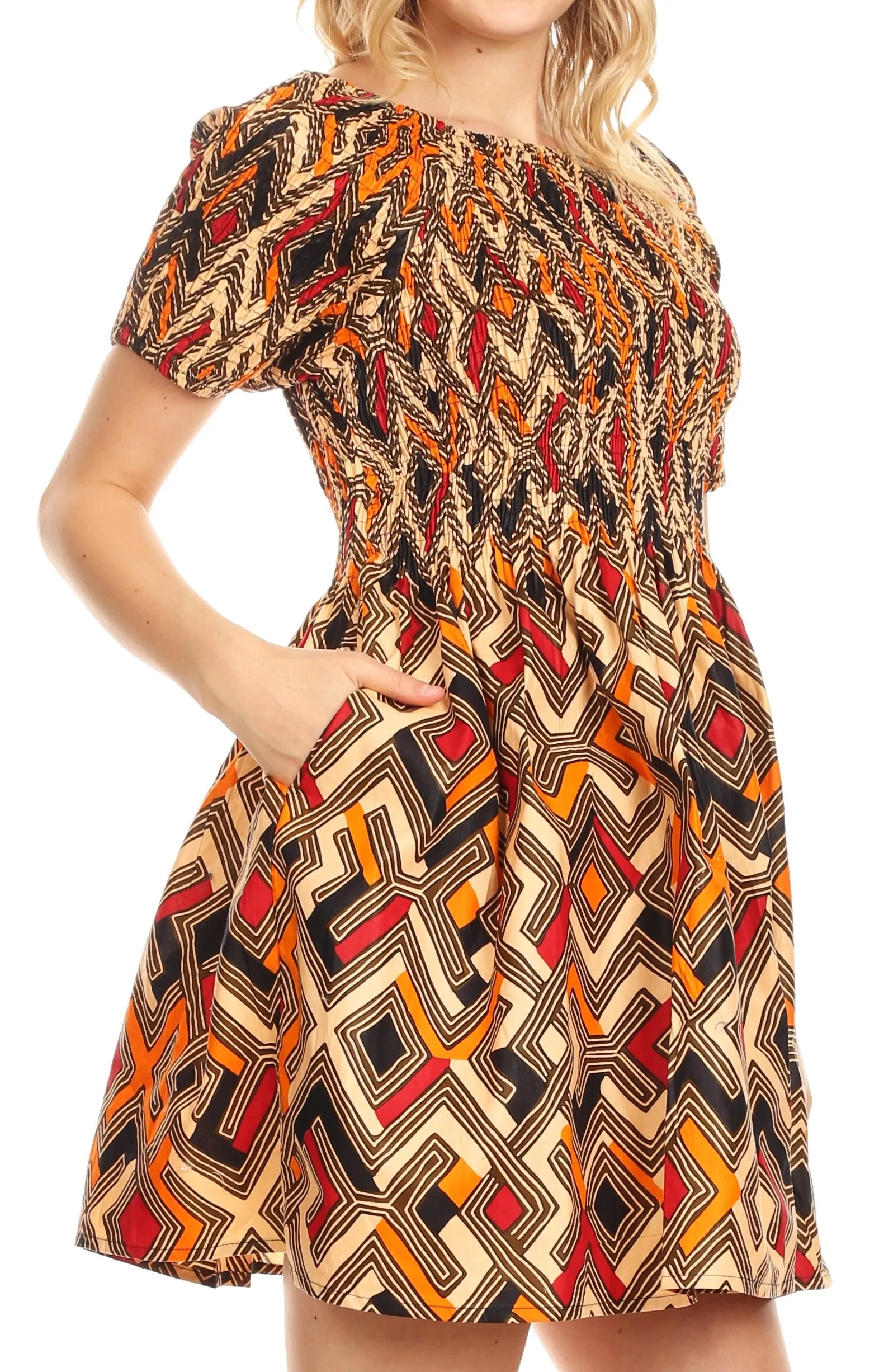 Sakkas Ife Wax African Ankara Colorful Cocktail Short Dress Off-shoulder w/pockets