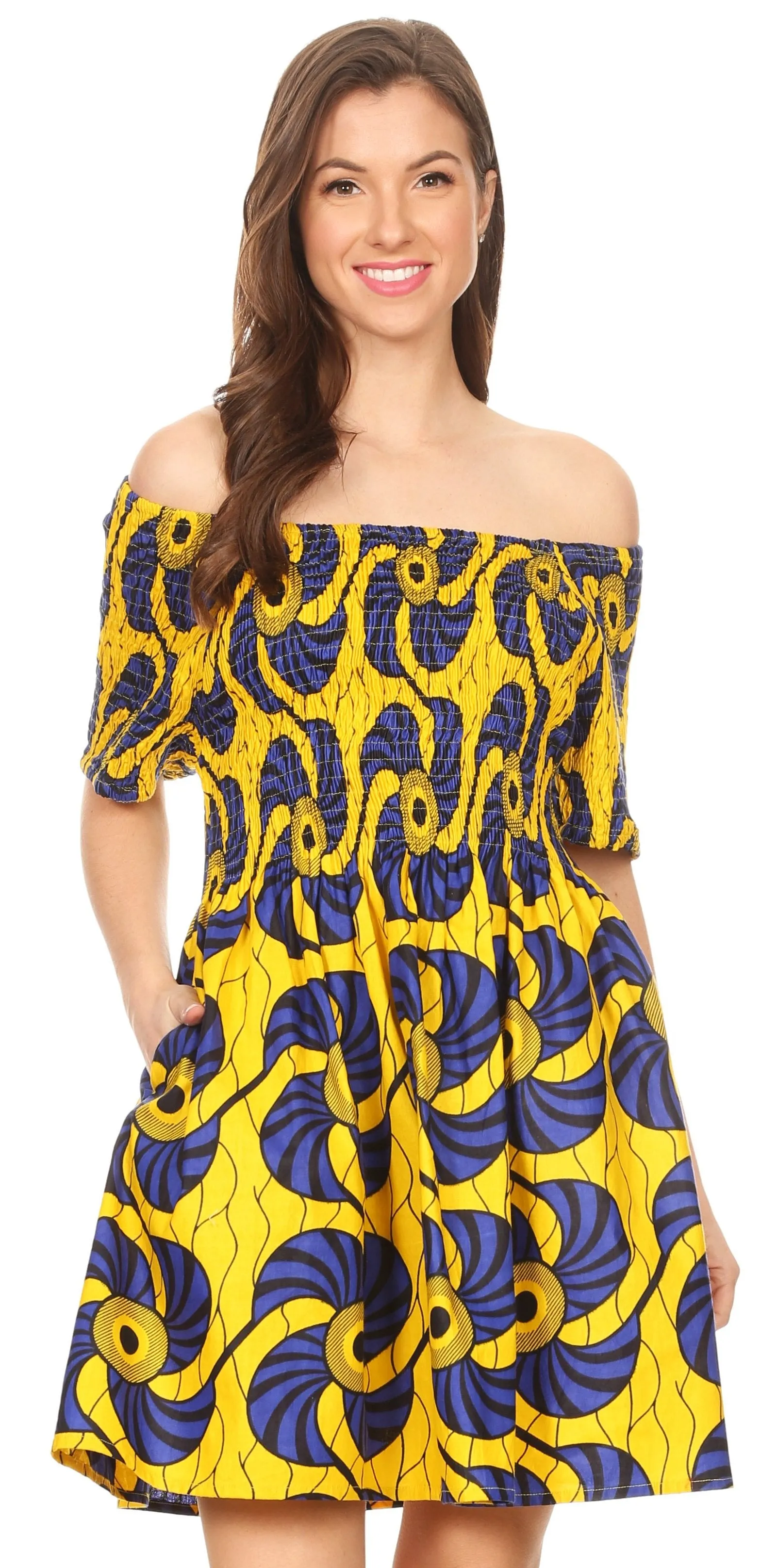 Sakkas Ife Wax African Ankara Colorful Cocktail Short Dress Off-shoulder w/pockets