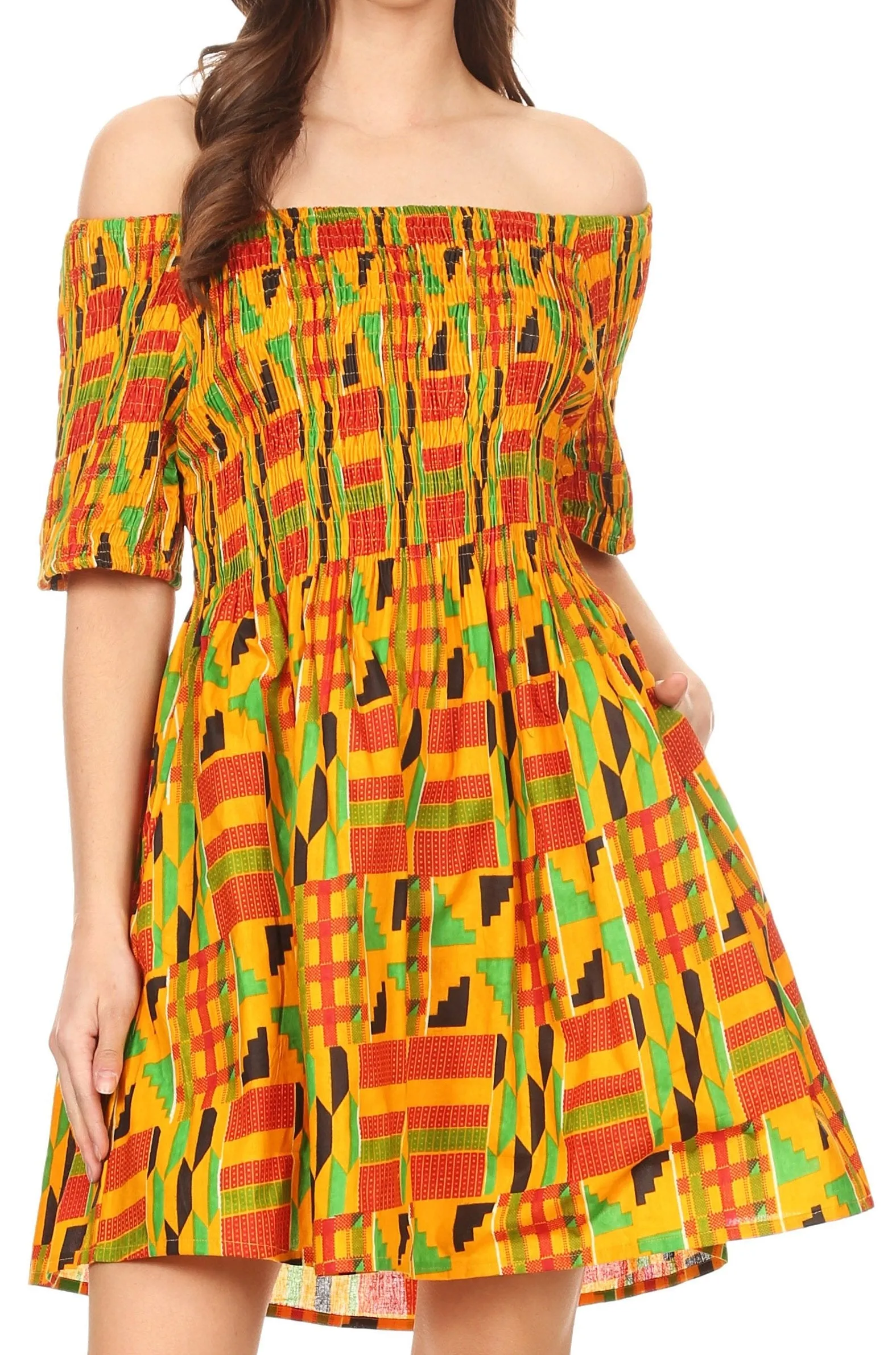 Sakkas Ife Wax African Ankara Colorful Cocktail Short Dress Off-shoulder w/pockets