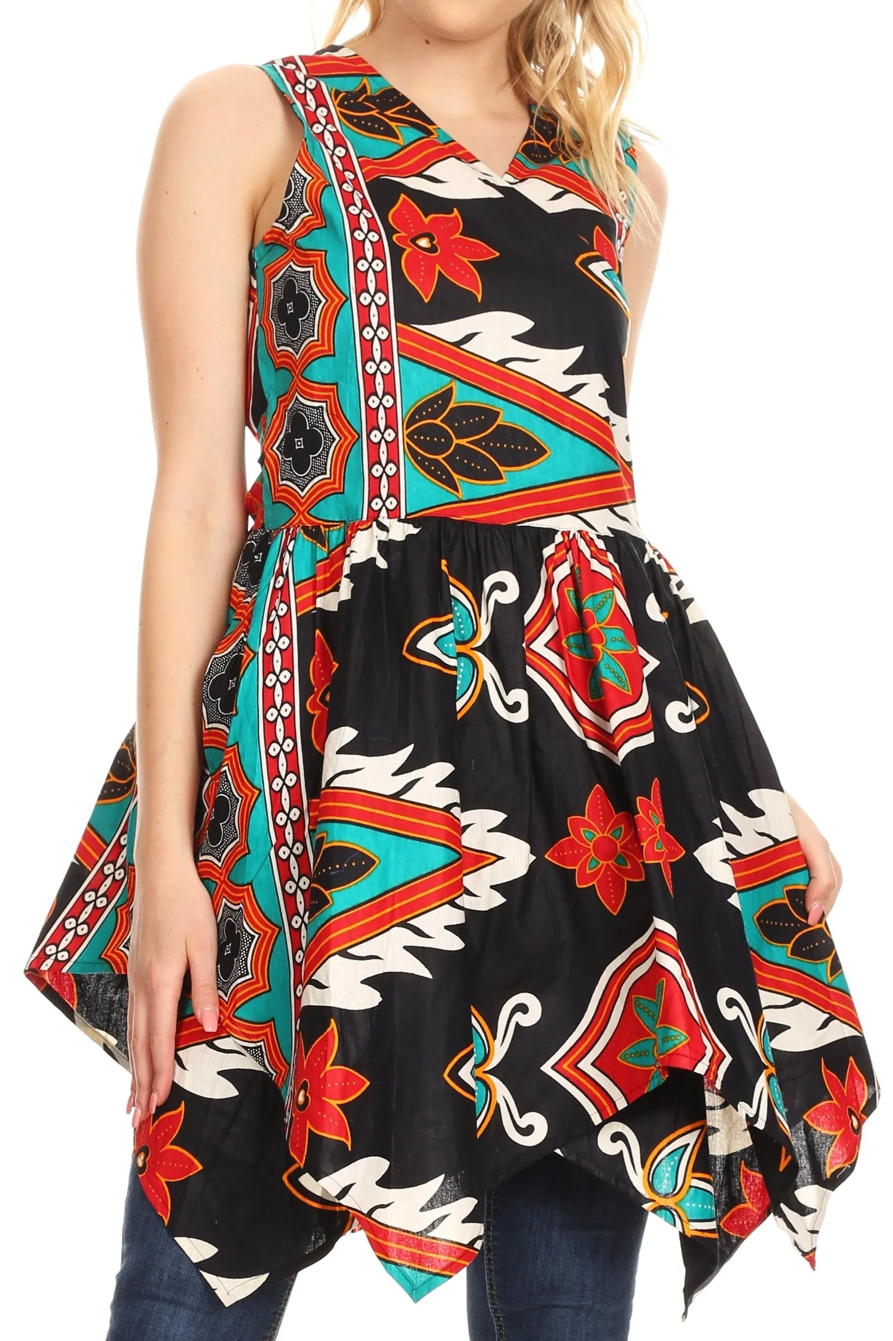 Sakkas Vale Womens African Ankara Sleeveless Short Cocktail Wrap Dress with Pocket