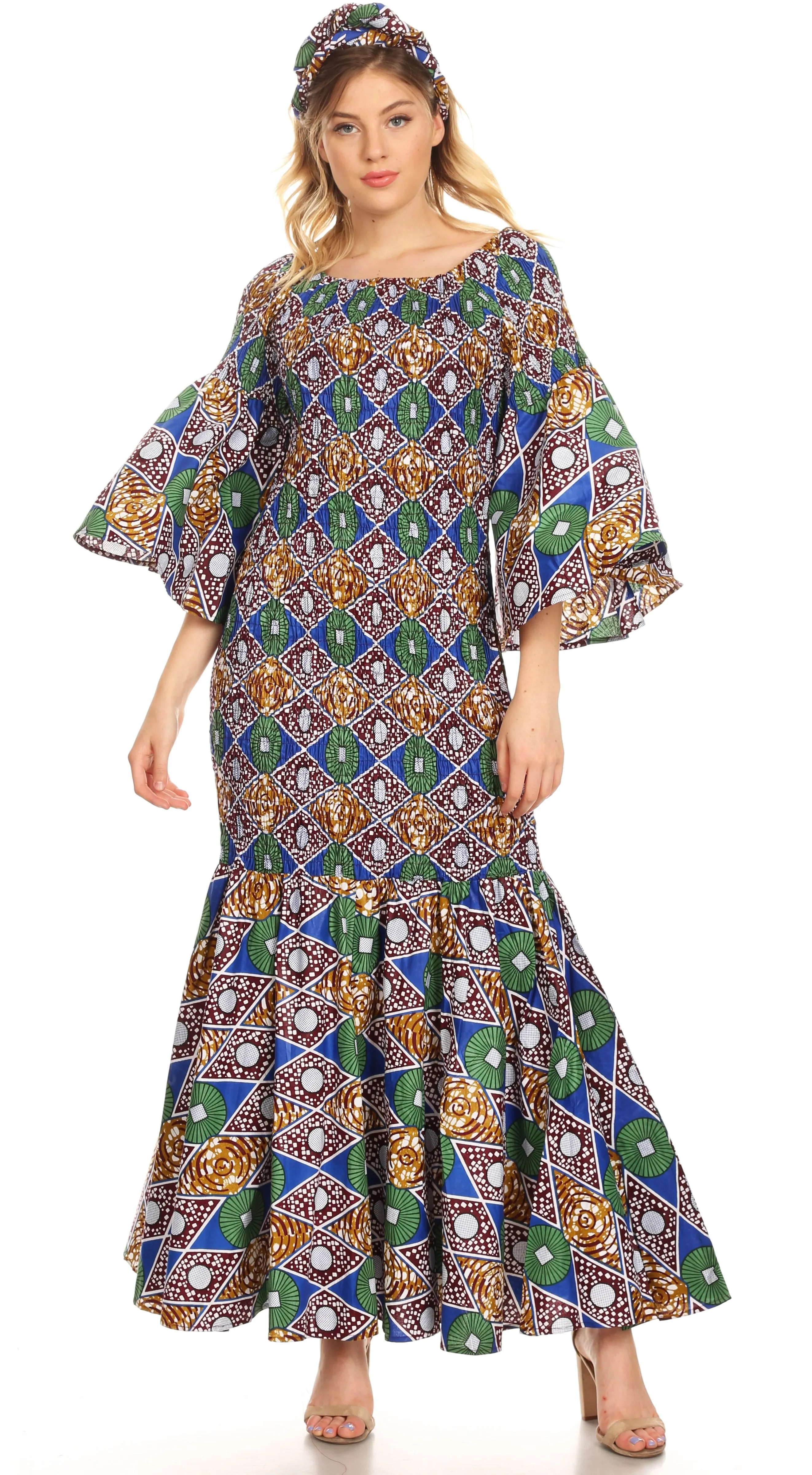 Sakkas Zarah Women's African Ankara Body-con Off shoulder Mermaid Pocket Dress