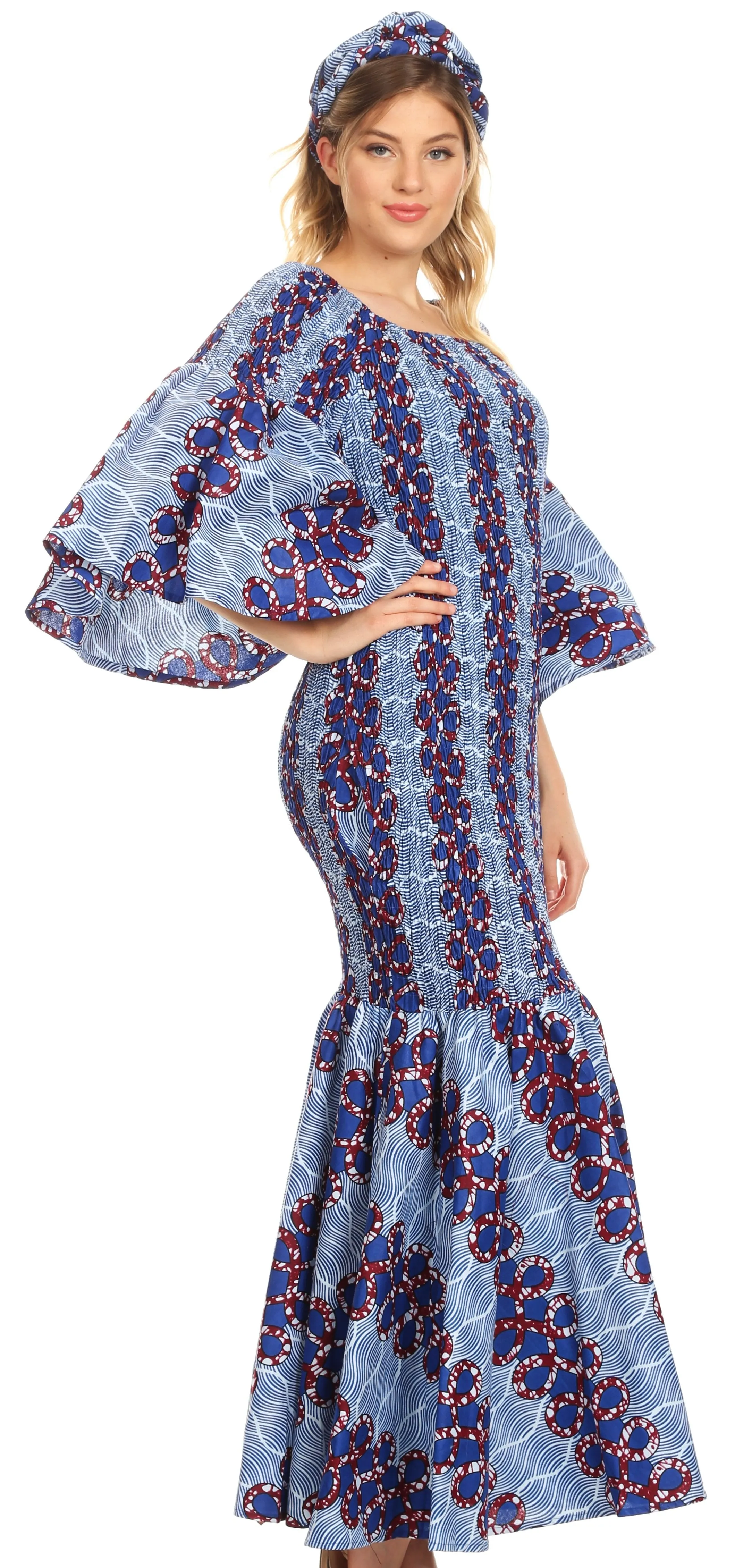 Sakkas Zarah Women's African Ankara Body-con Off shoulder Mermaid Pocket Dress