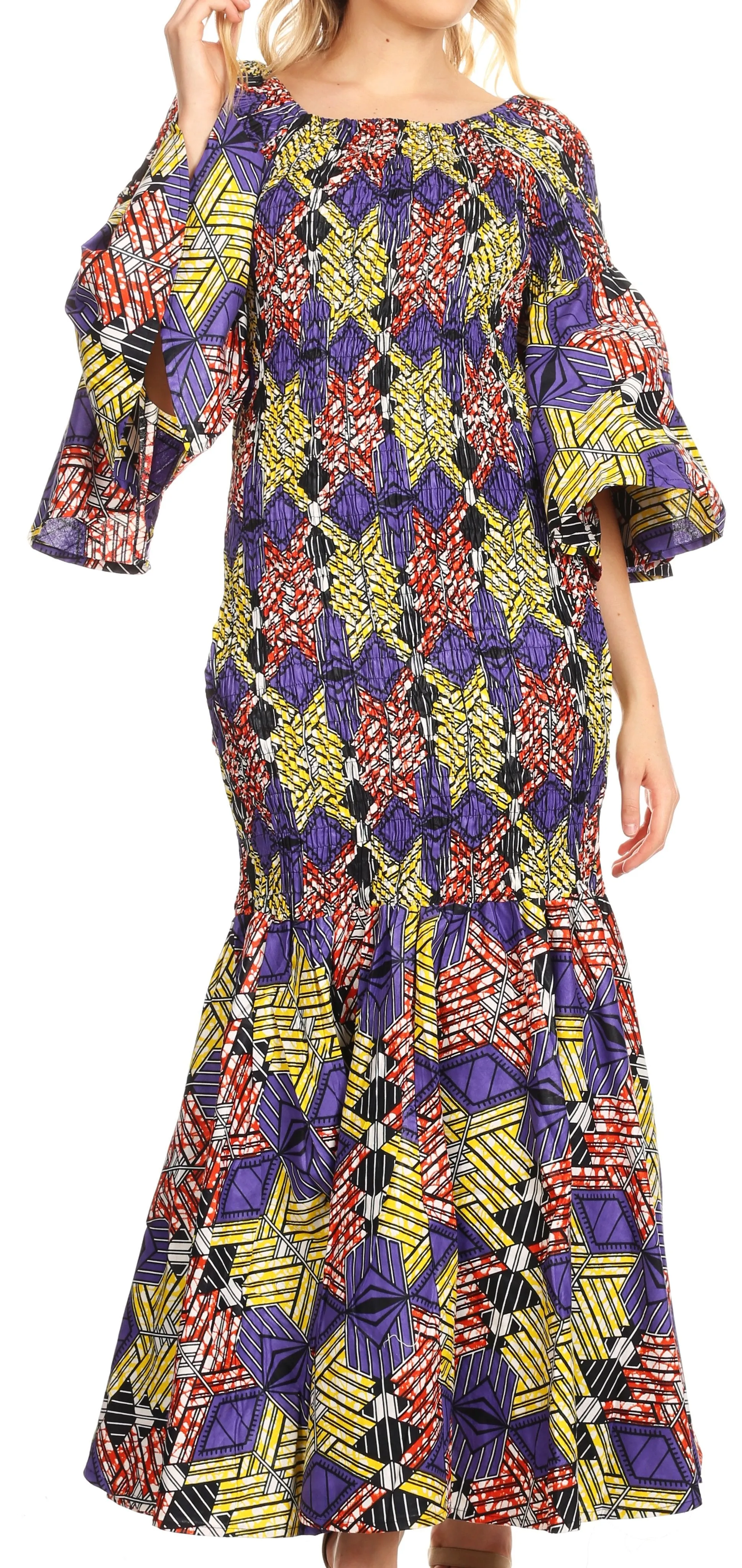 Sakkas Zarah Women's African Ankara Body-con Off shoulder Mermaid Pocket Dress