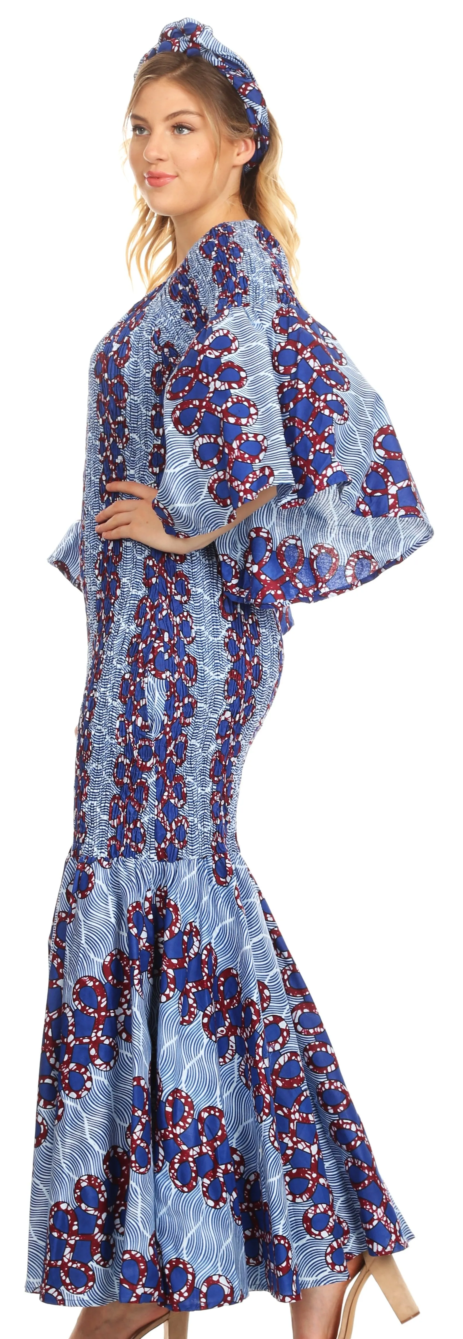 Sakkas Zarah Women's African Ankara Body-con Off shoulder Mermaid Pocket Dress