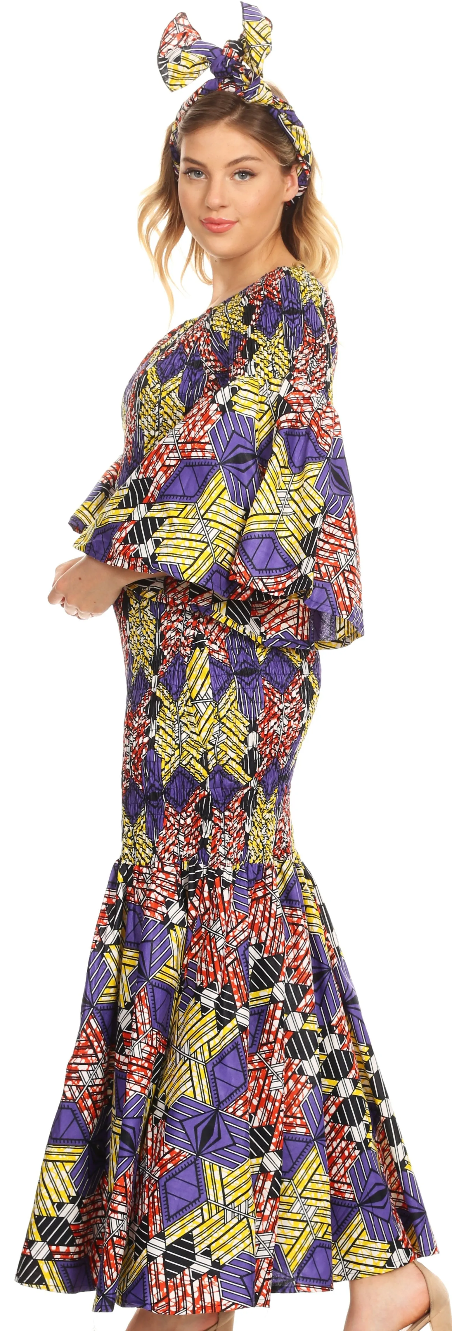 Sakkas Zarah Women's African Ankara Body-con Off shoulder Mermaid Pocket Dress