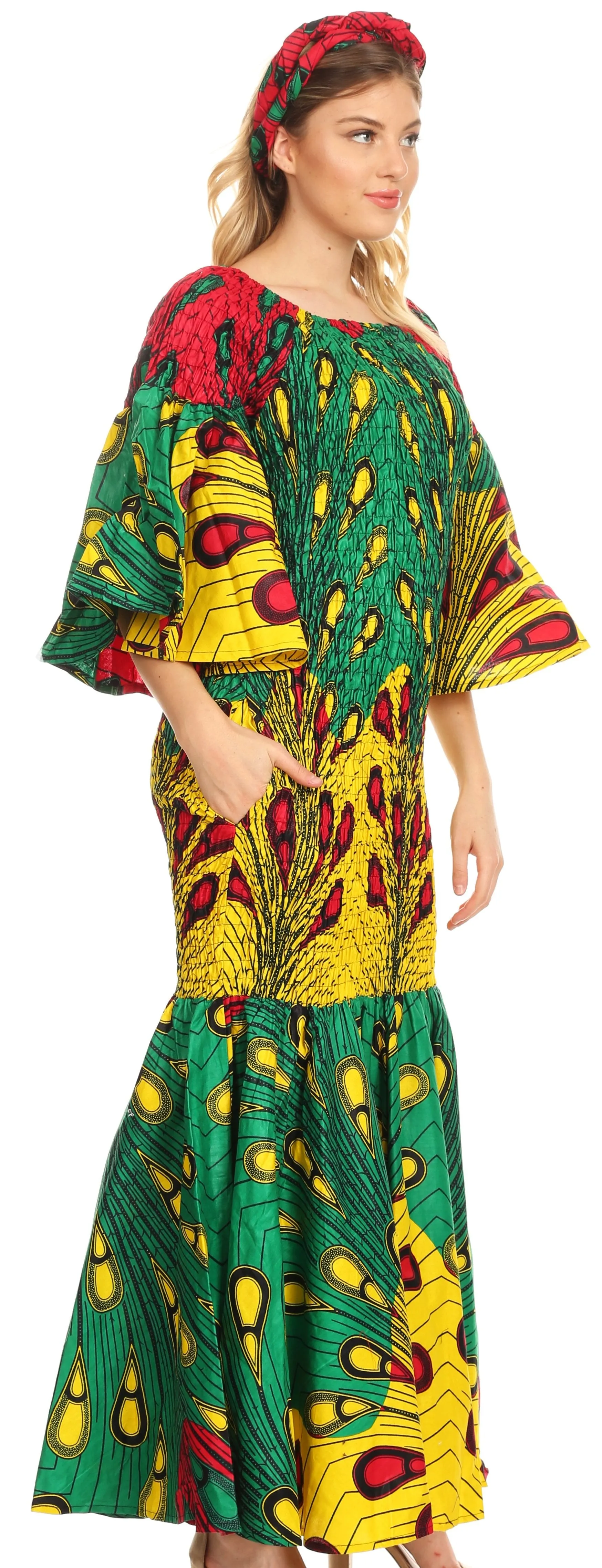 Sakkas Zarah Women's African Ankara Body-con Off shoulder Mermaid Pocket Dress