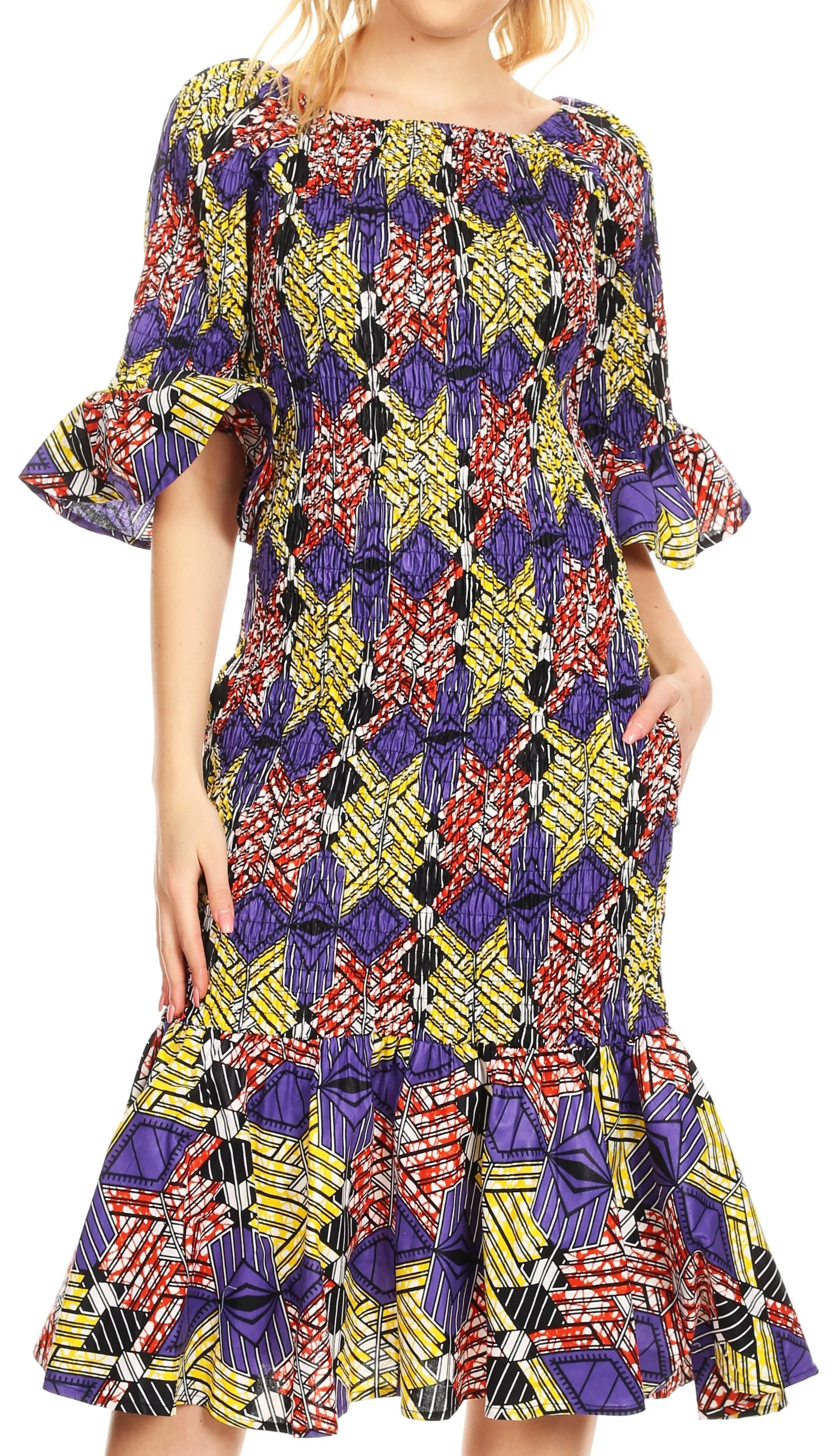 Sakkas Zarah Women's African Ankara Body-con Off shoulder Mermaid Pocket Dress