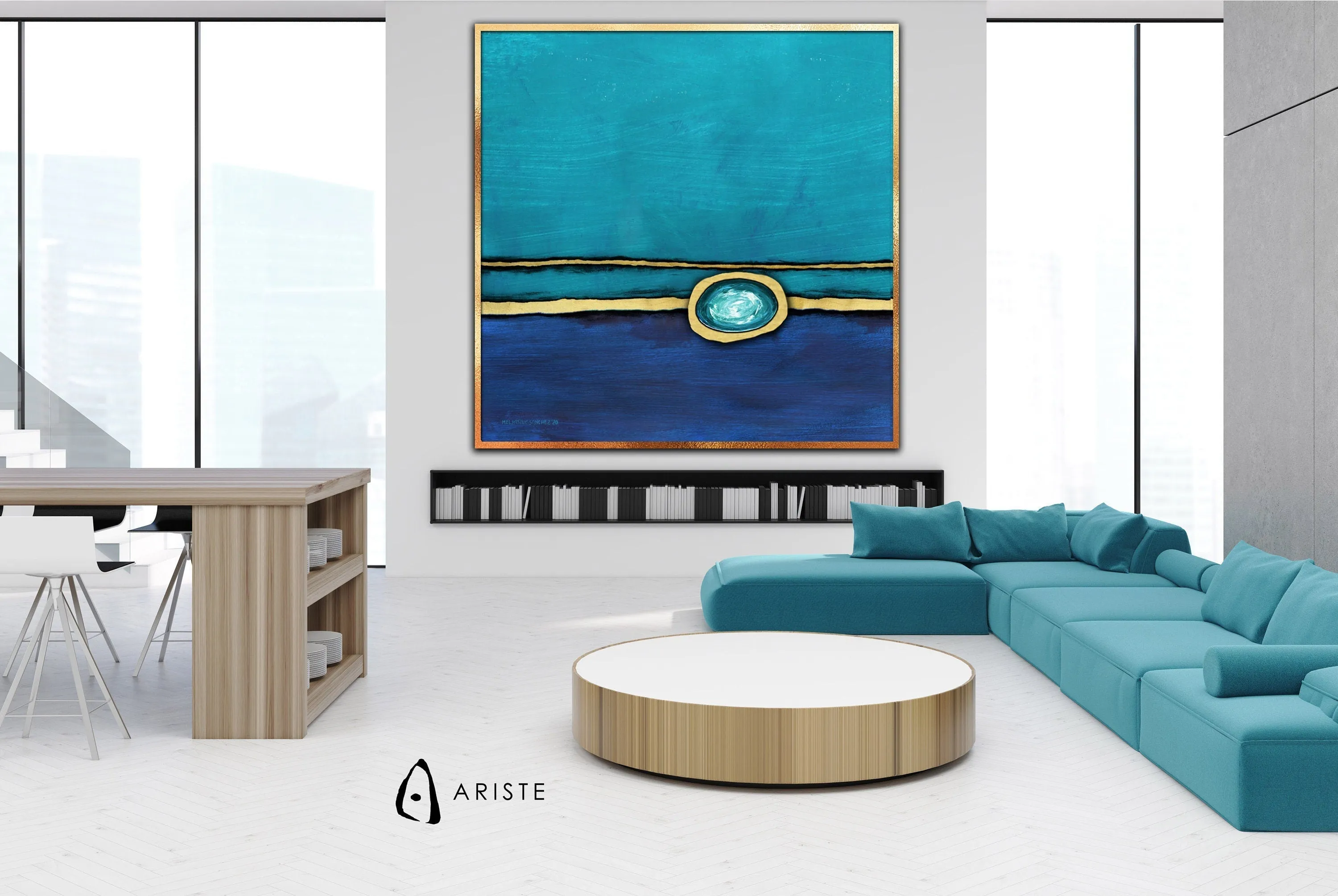 Sapphire blue, teal & gold abstract oversized wall art made to order in a custom size