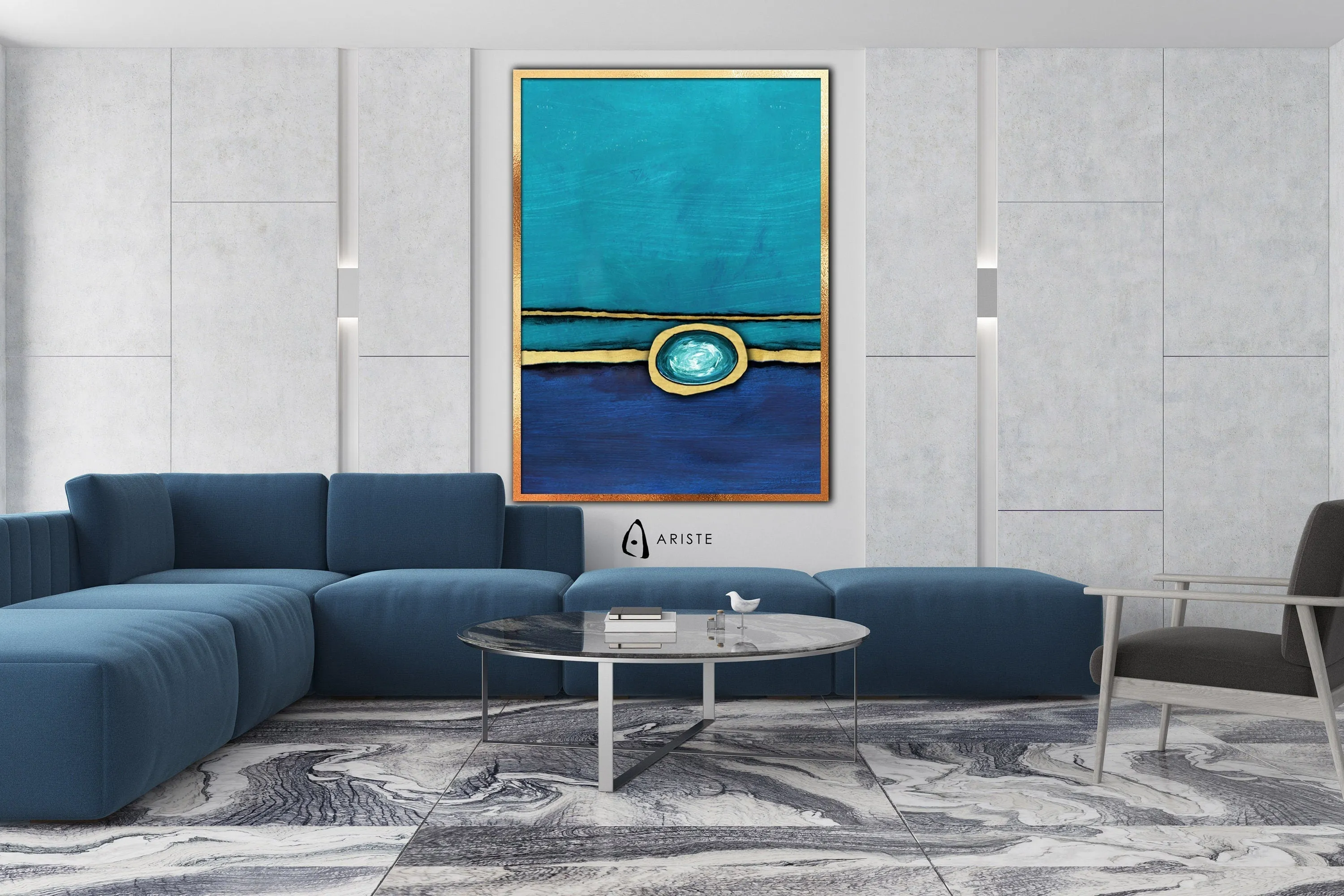 Sapphire blue, teal & gold abstract oversized wall art made to order in a custom size