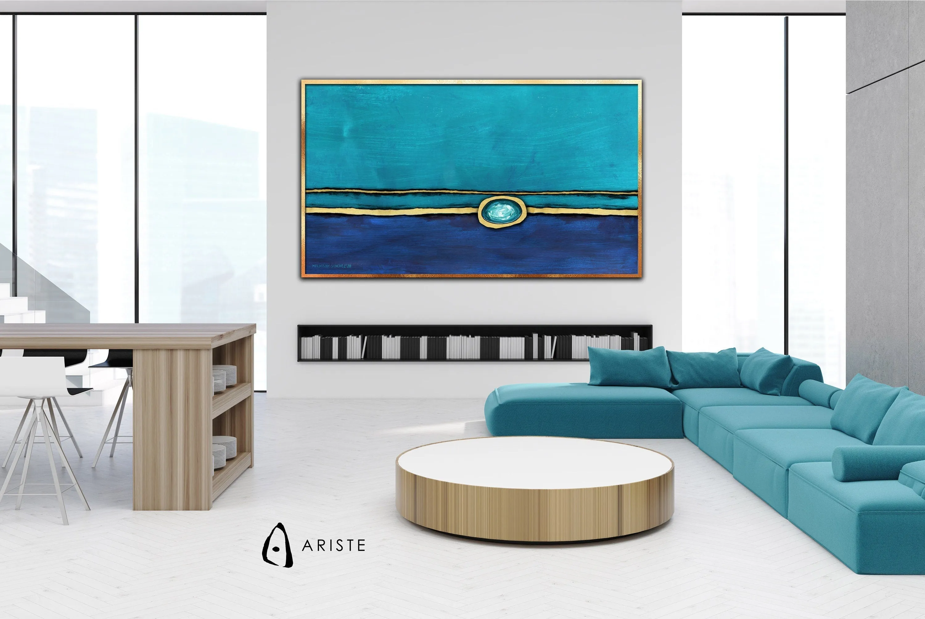 Sapphire blue, teal & gold abstract oversized wall art made to order in a custom size