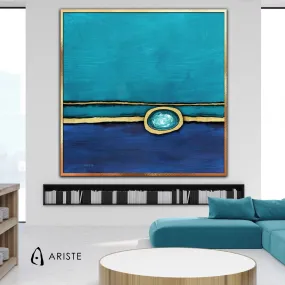 Sapphire blue, teal & gold abstract oversized wall art made to order in a custom size