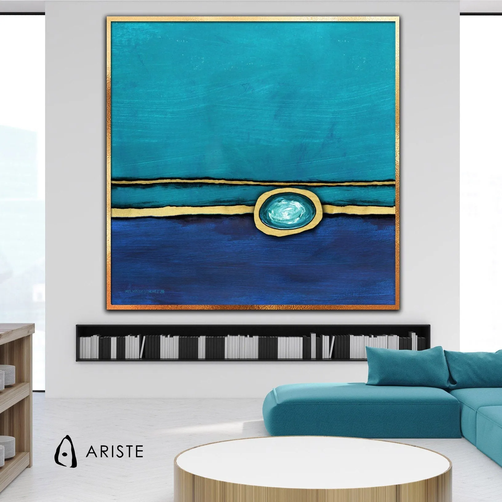 Sapphire blue, teal & gold abstract oversized wall art made to order in a custom size