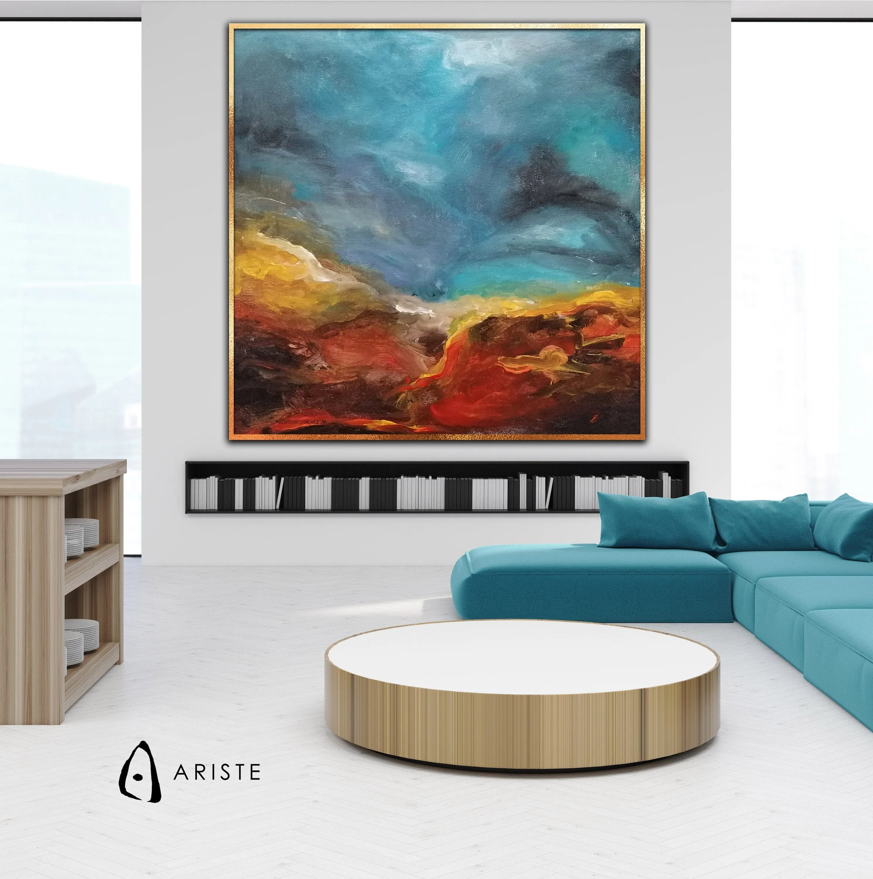 Sky blue & red abstract large wall art made to order in a custom size