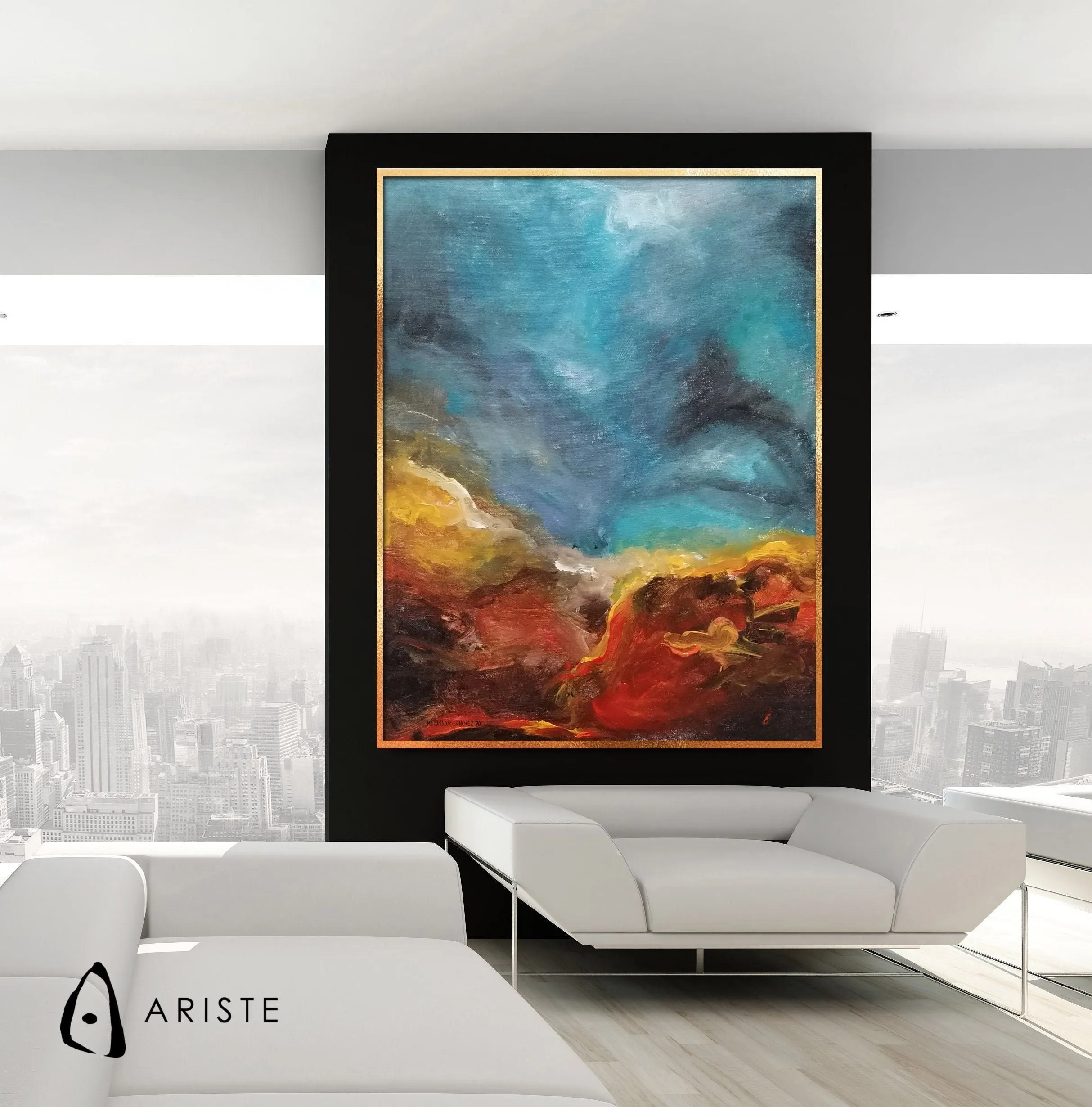 Sky blue & red abstract large wall art made to order in a custom size