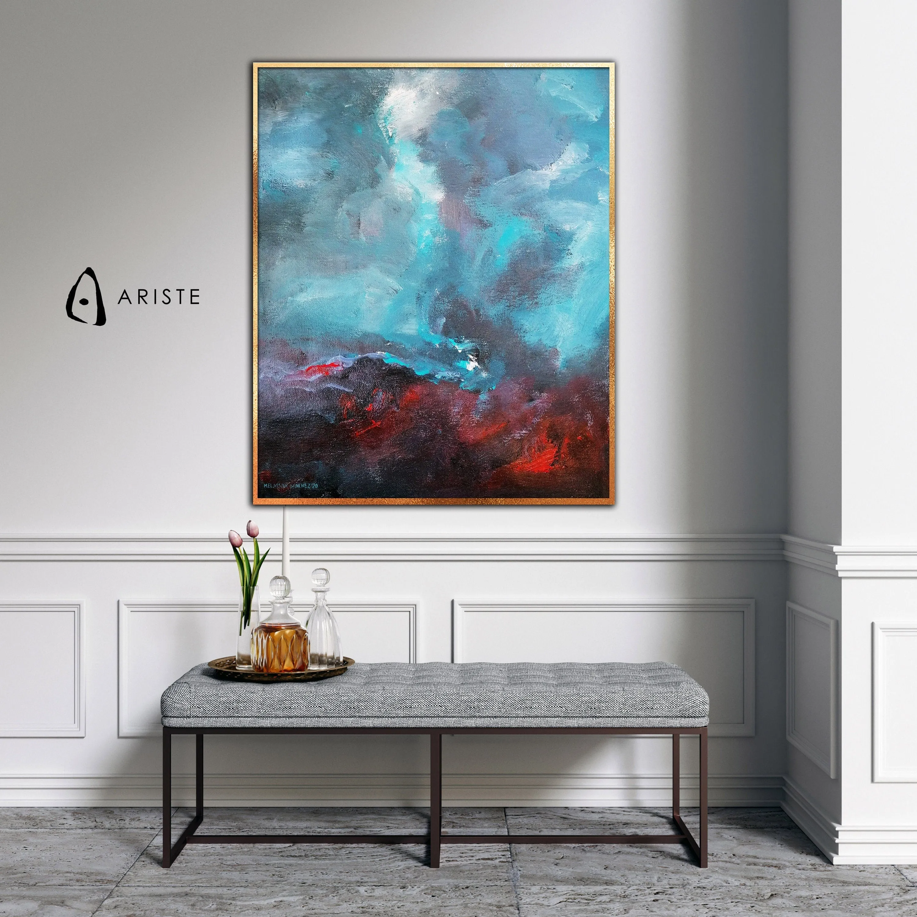 Sky blue & red abstract large wall art made to order in a custom size