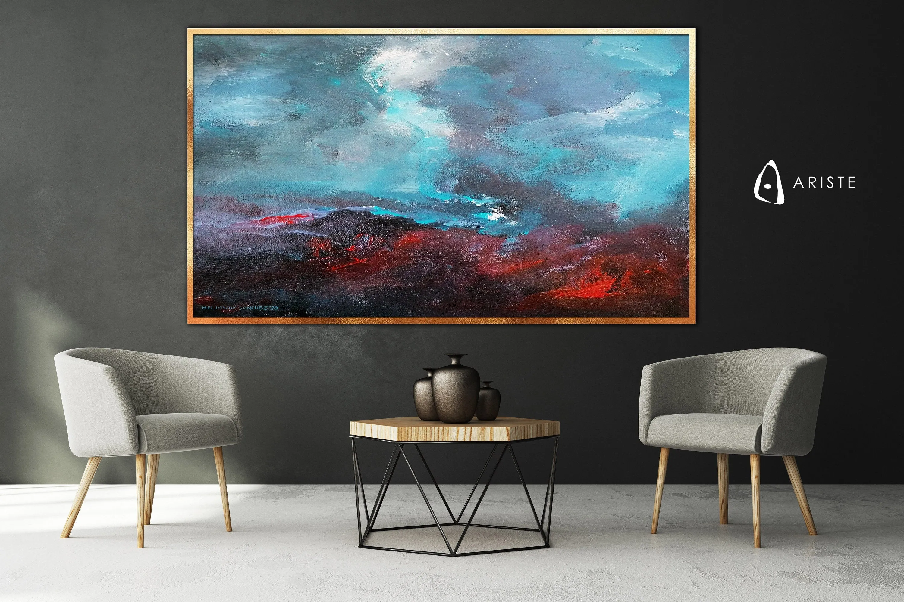 Sky blue & red abstract large wall art made to order in a custom size