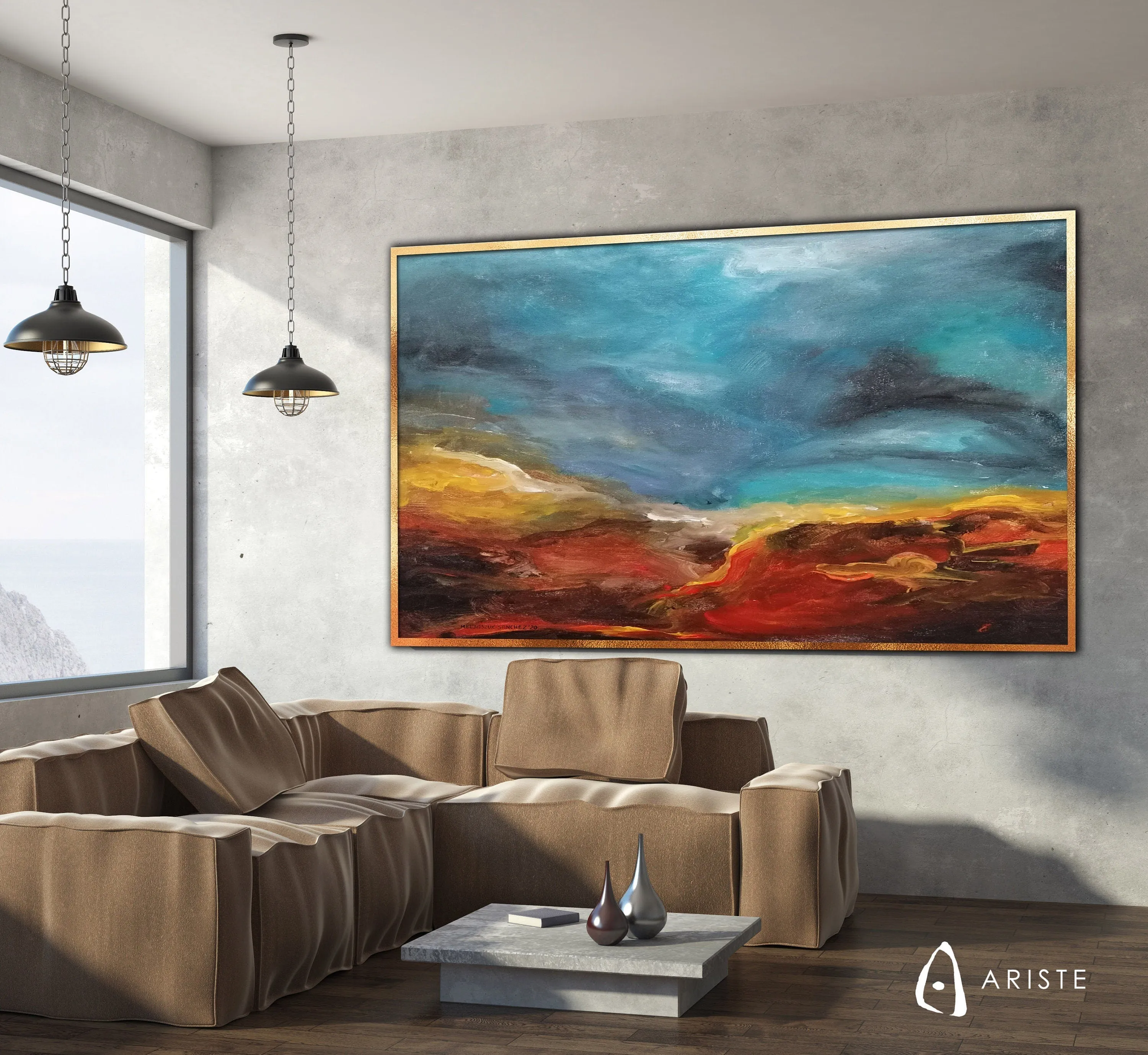 Sky blue & red abstract large wall art made to order in a custom size