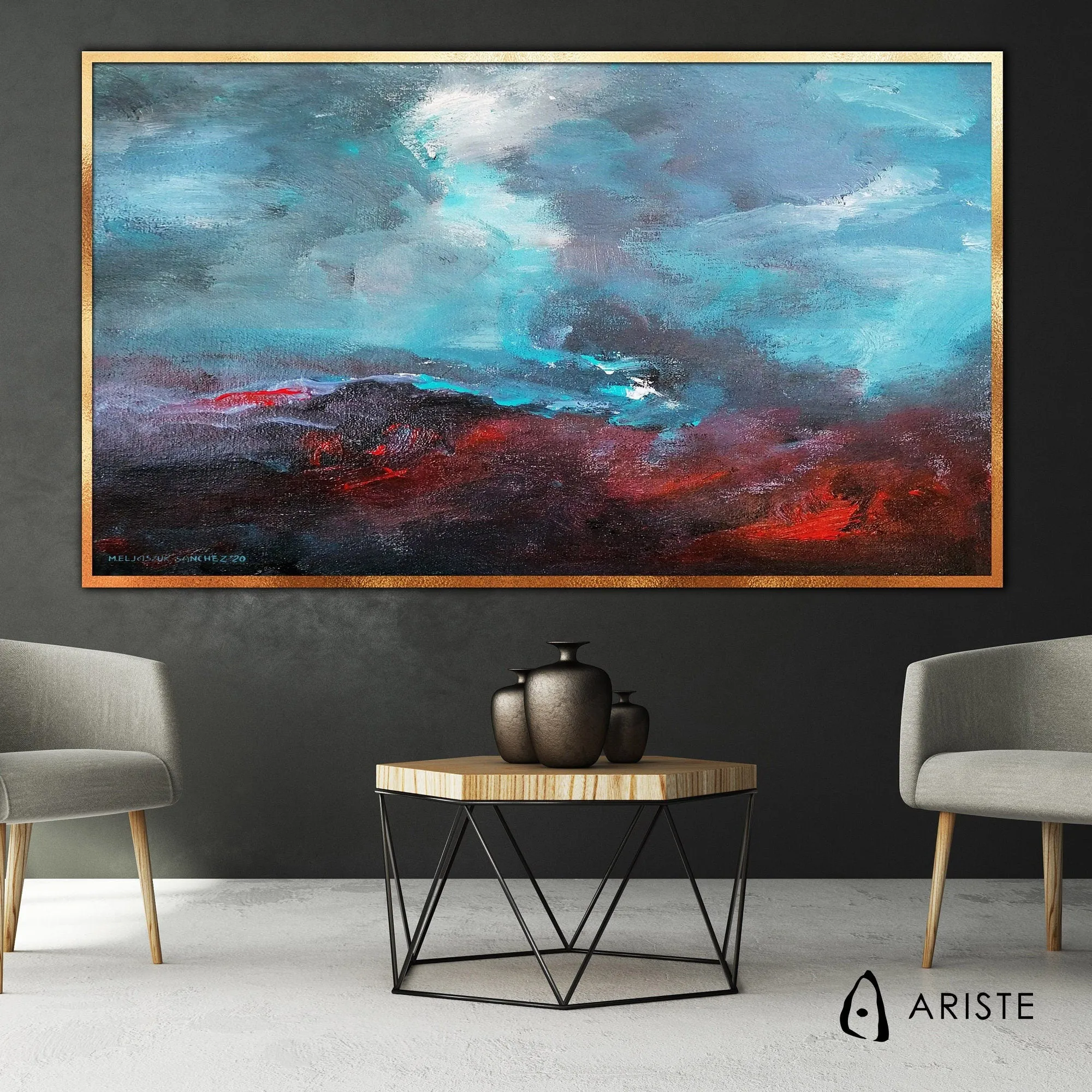 Sky blue & red abstract large wall art made to order in a custom size