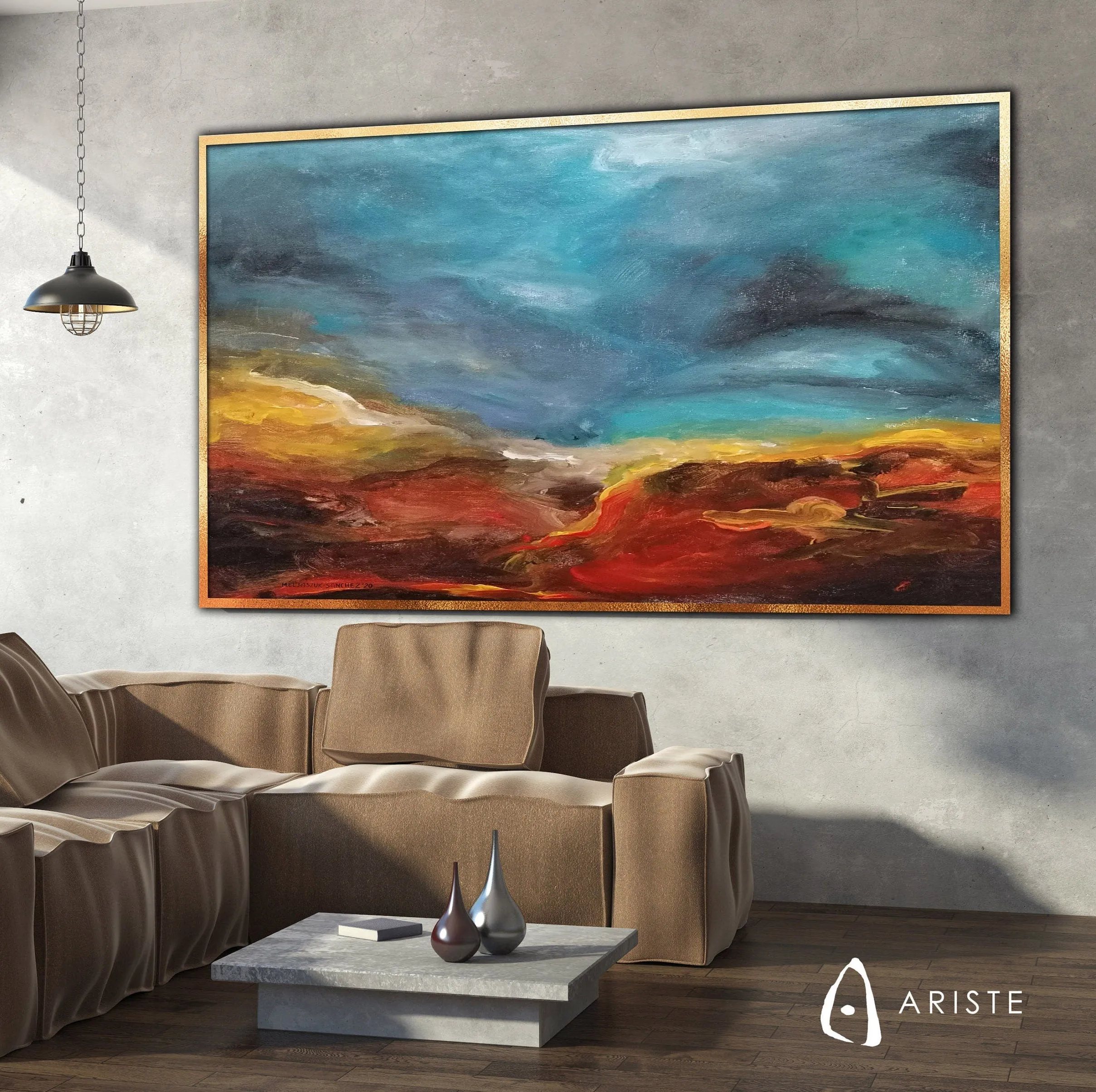 Sky blue & red abstract large wall art made to order in a custom size