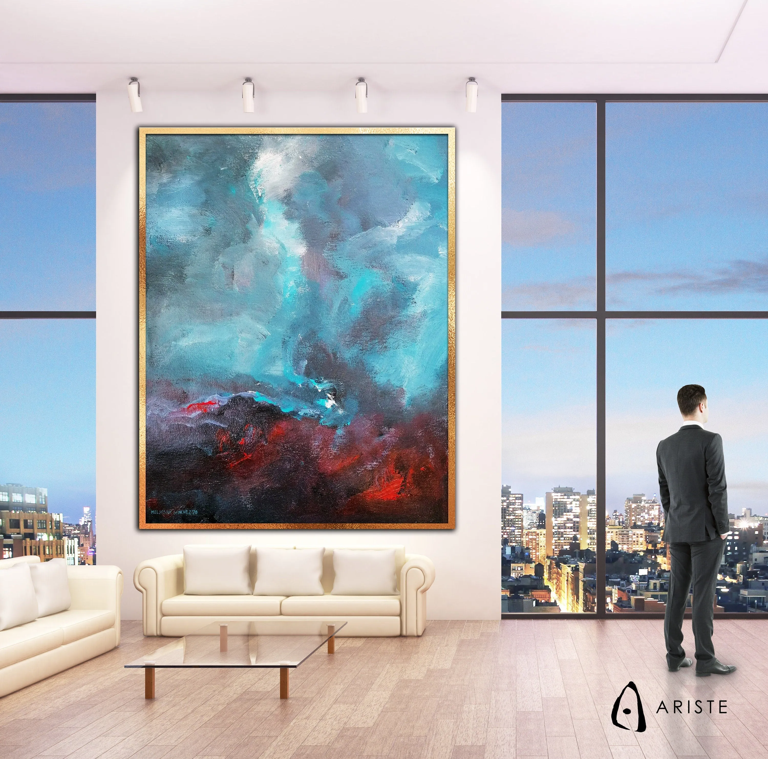 Sky blue & red abstract large wall art made to order in a custom size