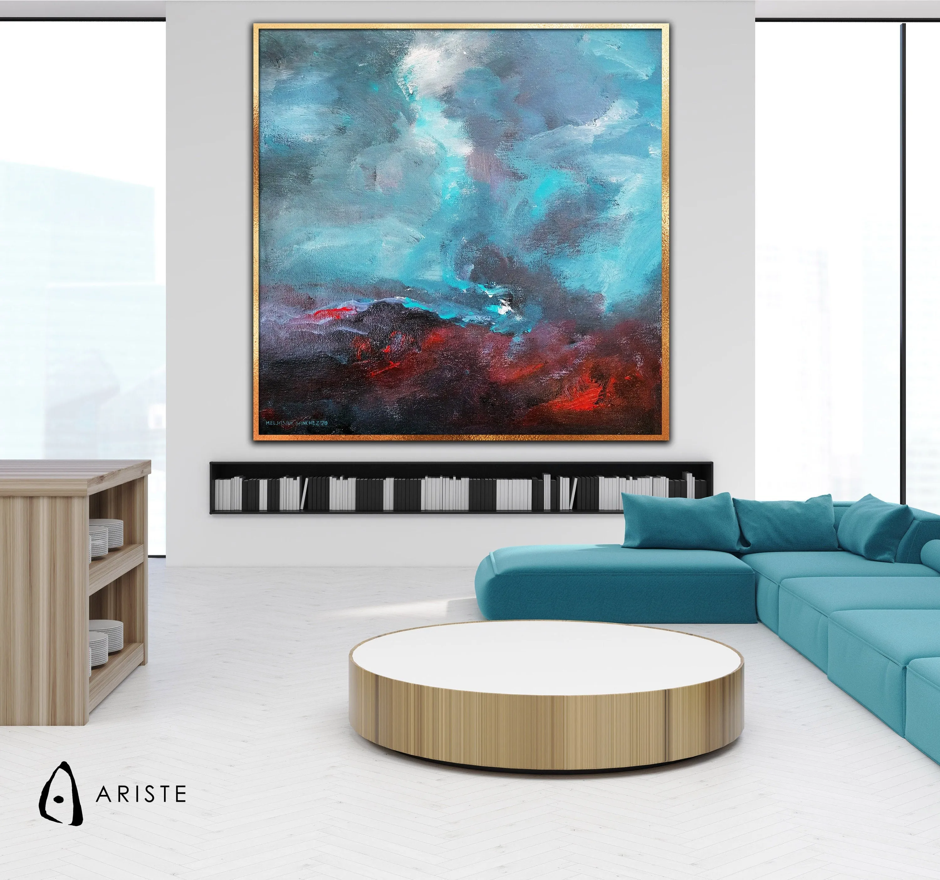 Sky blue & red abstract large wall art made to order in a custom size