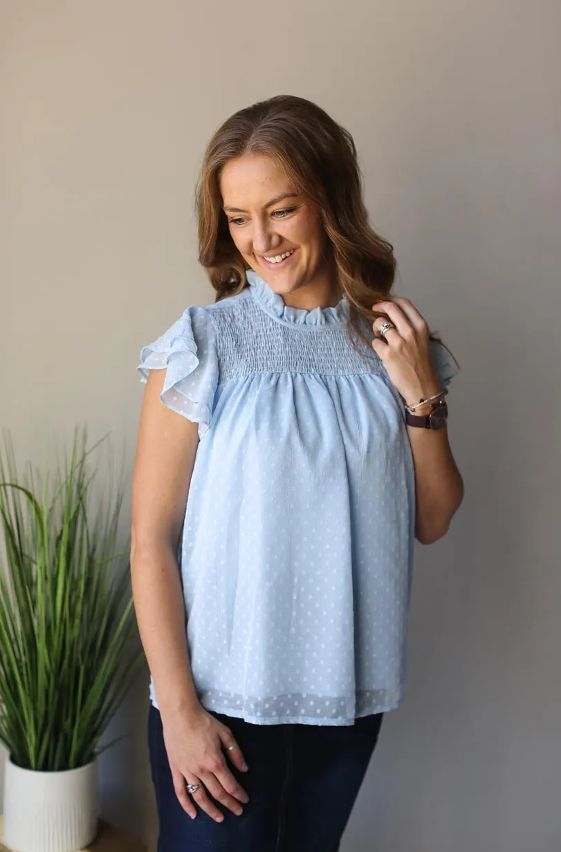 Sky Blue Swiss Dot Ruffle Sleeve Top