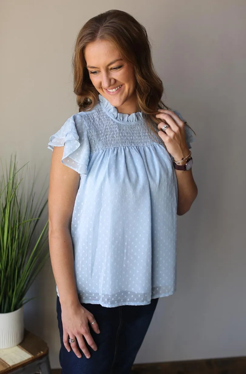 Sky Blue Swiss Dot Ruffle Sleeve Top