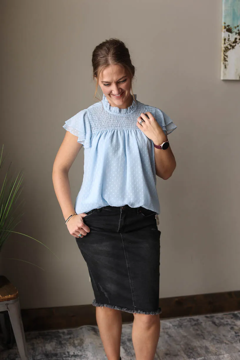 Sky Blue Swiss Dot Ruffle Sleeve Top