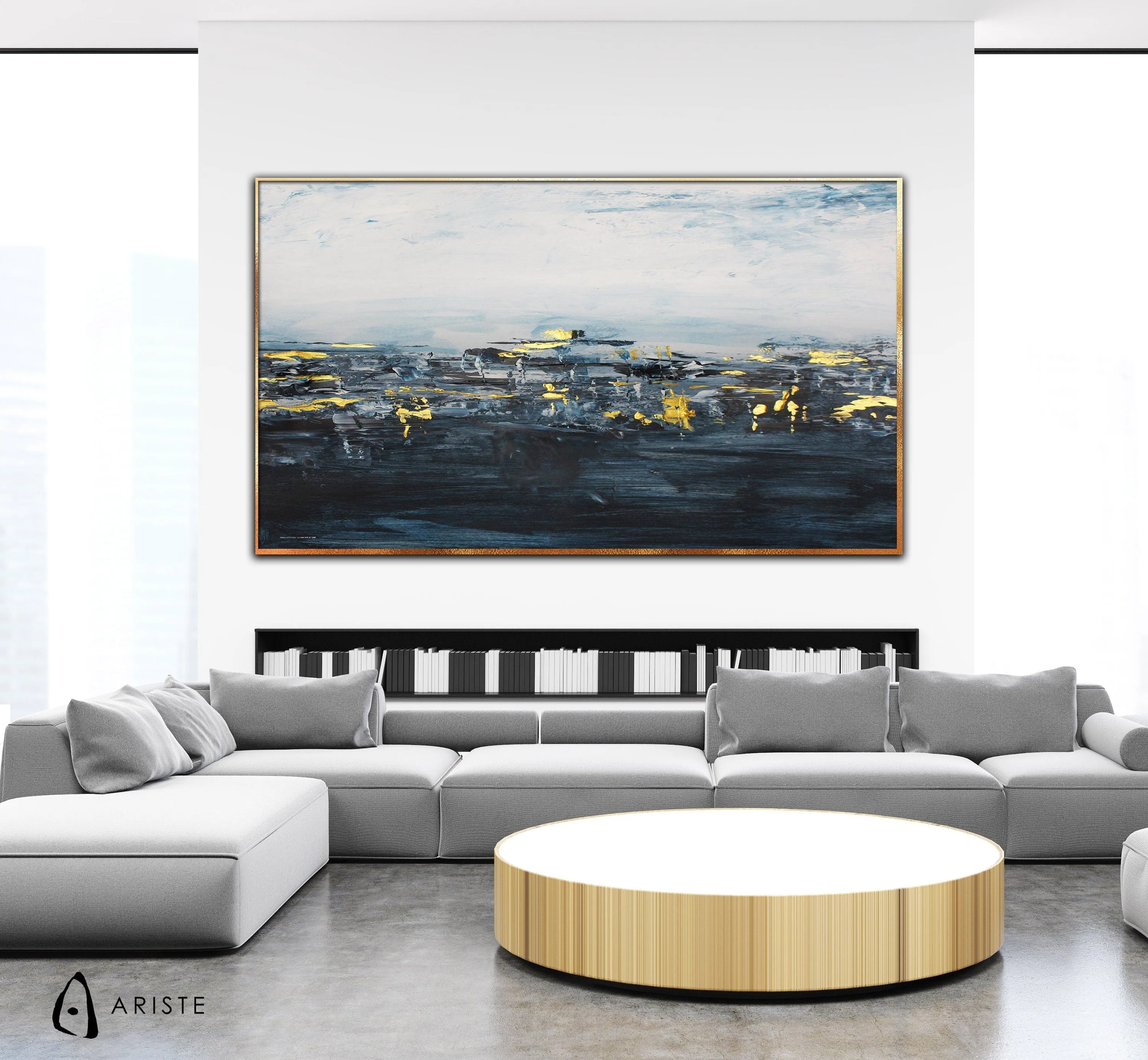 Smoky blue & gold extra large abstract wall art made to order in a custom size