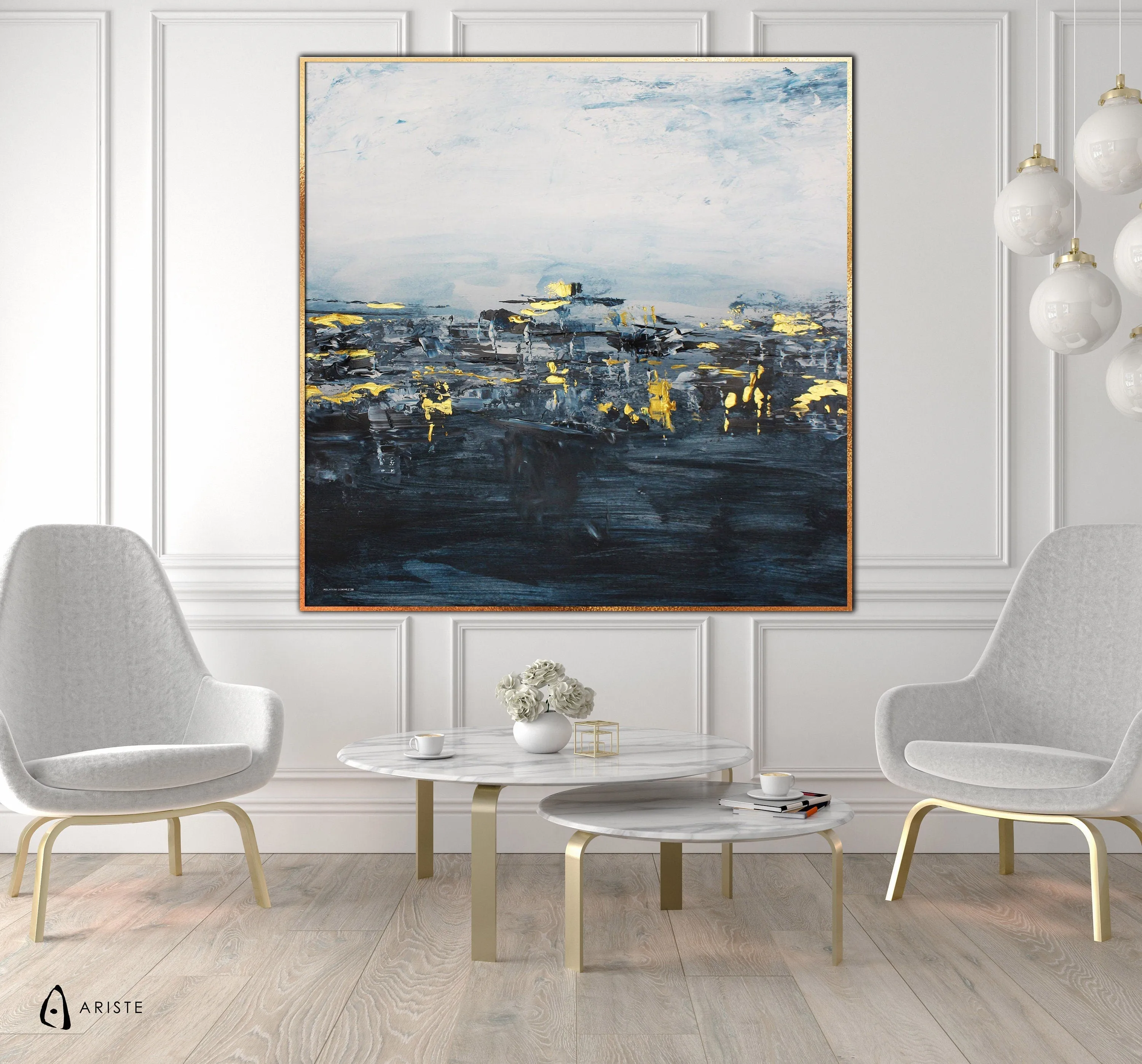 Smoky blue & gold extra large abstract wall art made to order in a custom size