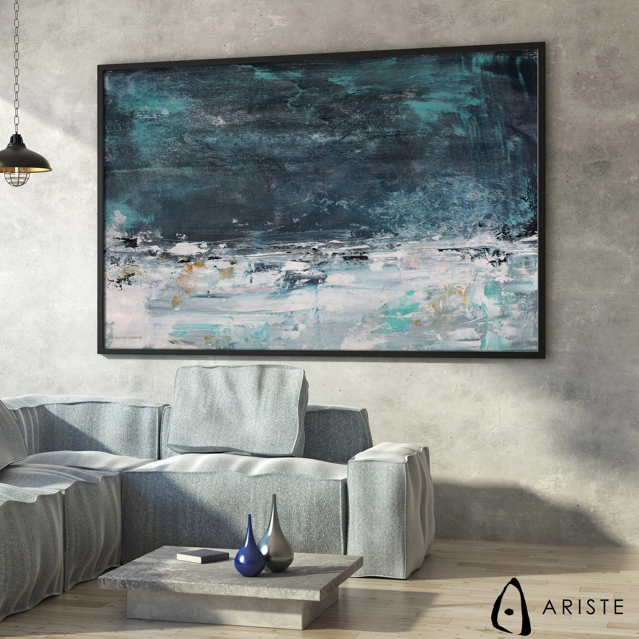 Smoky blue & white abstract oversize wall art made to order in a custom size